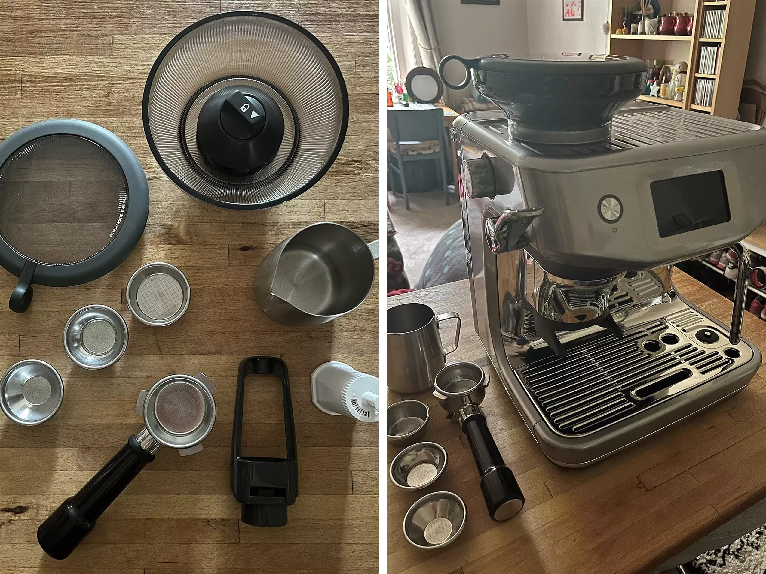Espresso machine with portafilter, filters and milk jug laid out on a wooden worktop for coffee making