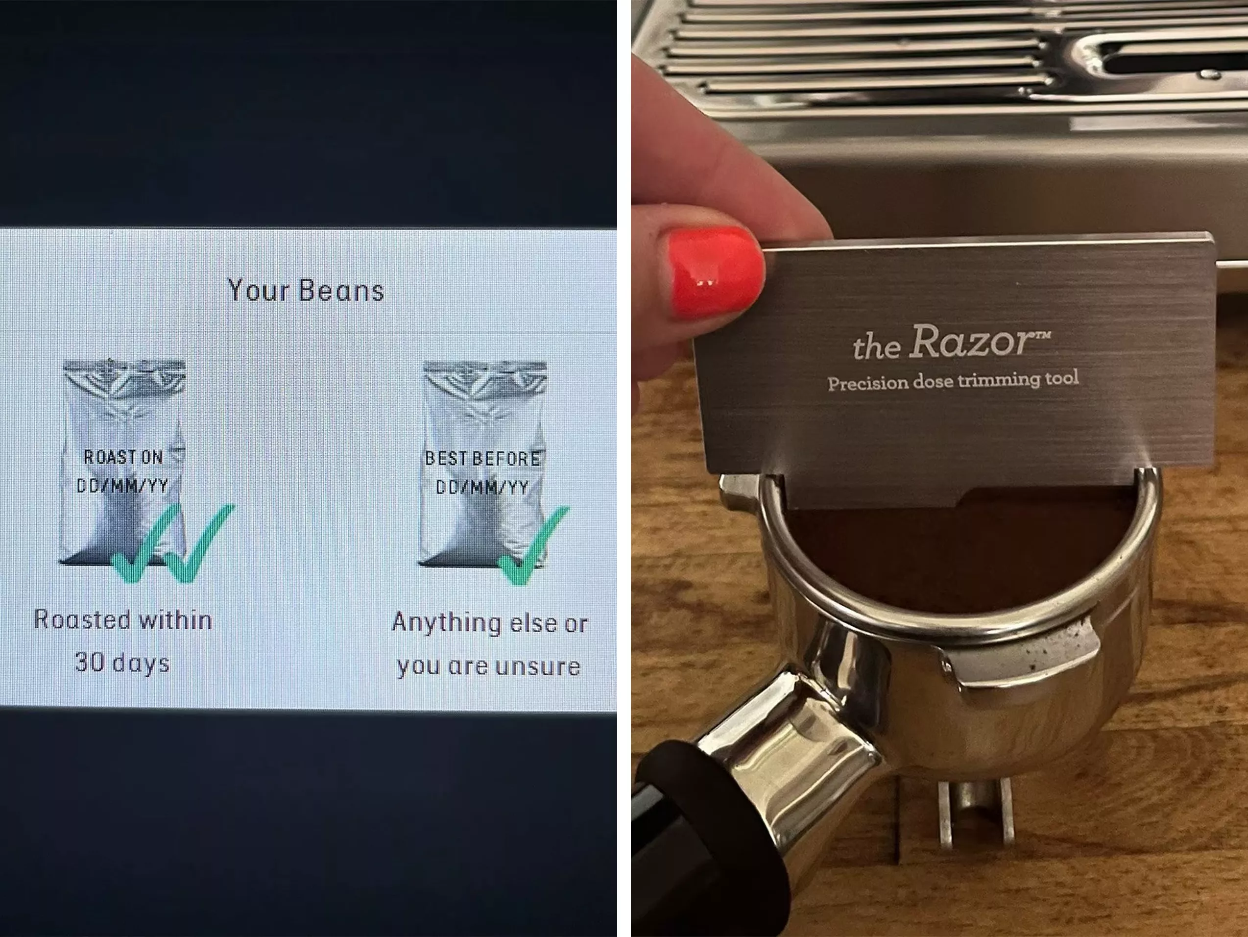 Coffee bean freshness guide on screen beside a precision dose trimming tool held above a portafilter basket