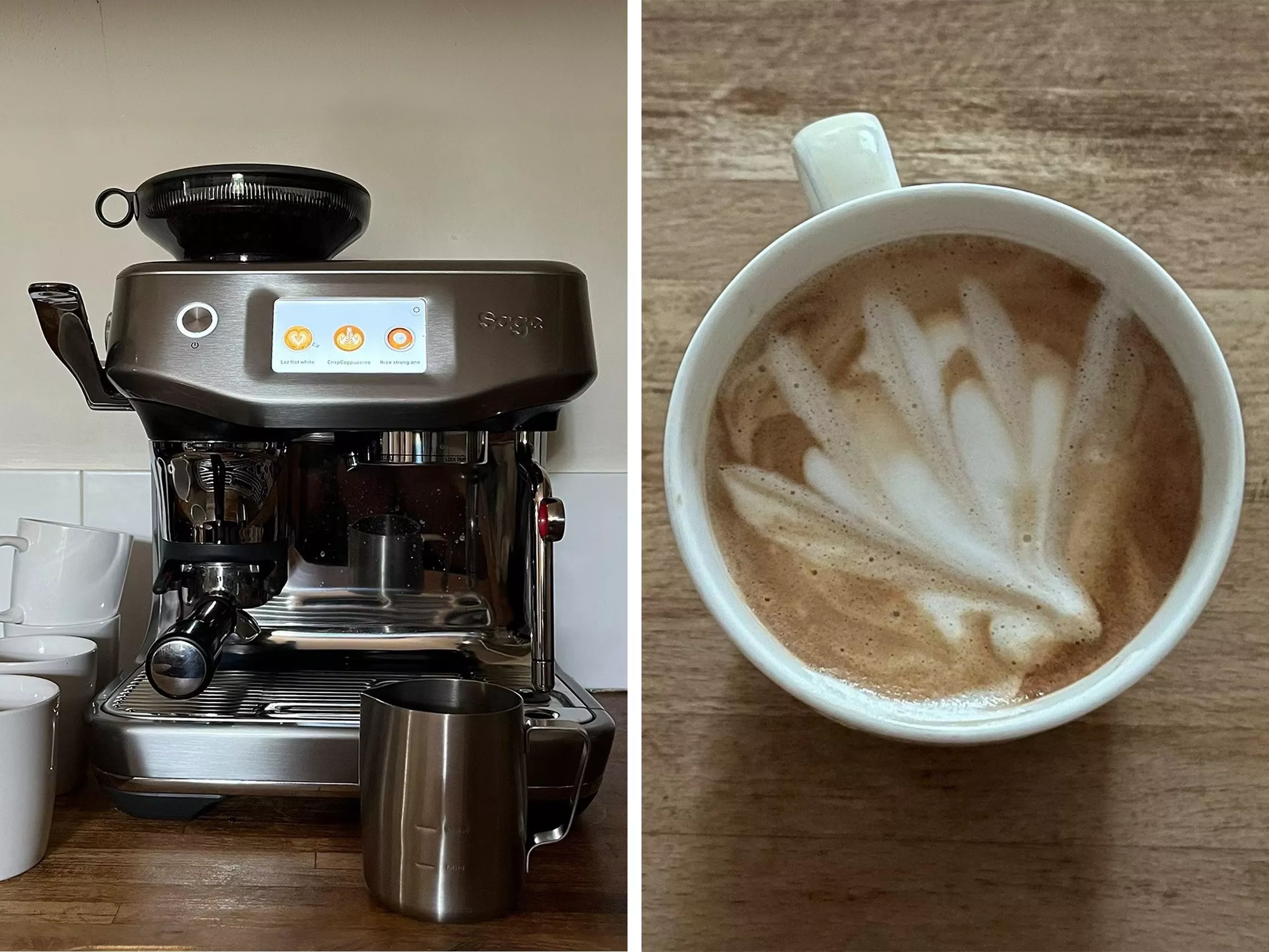 Sage espresso machine on kitchen counter with milk frothing jug, plus latte art coffee in white cup