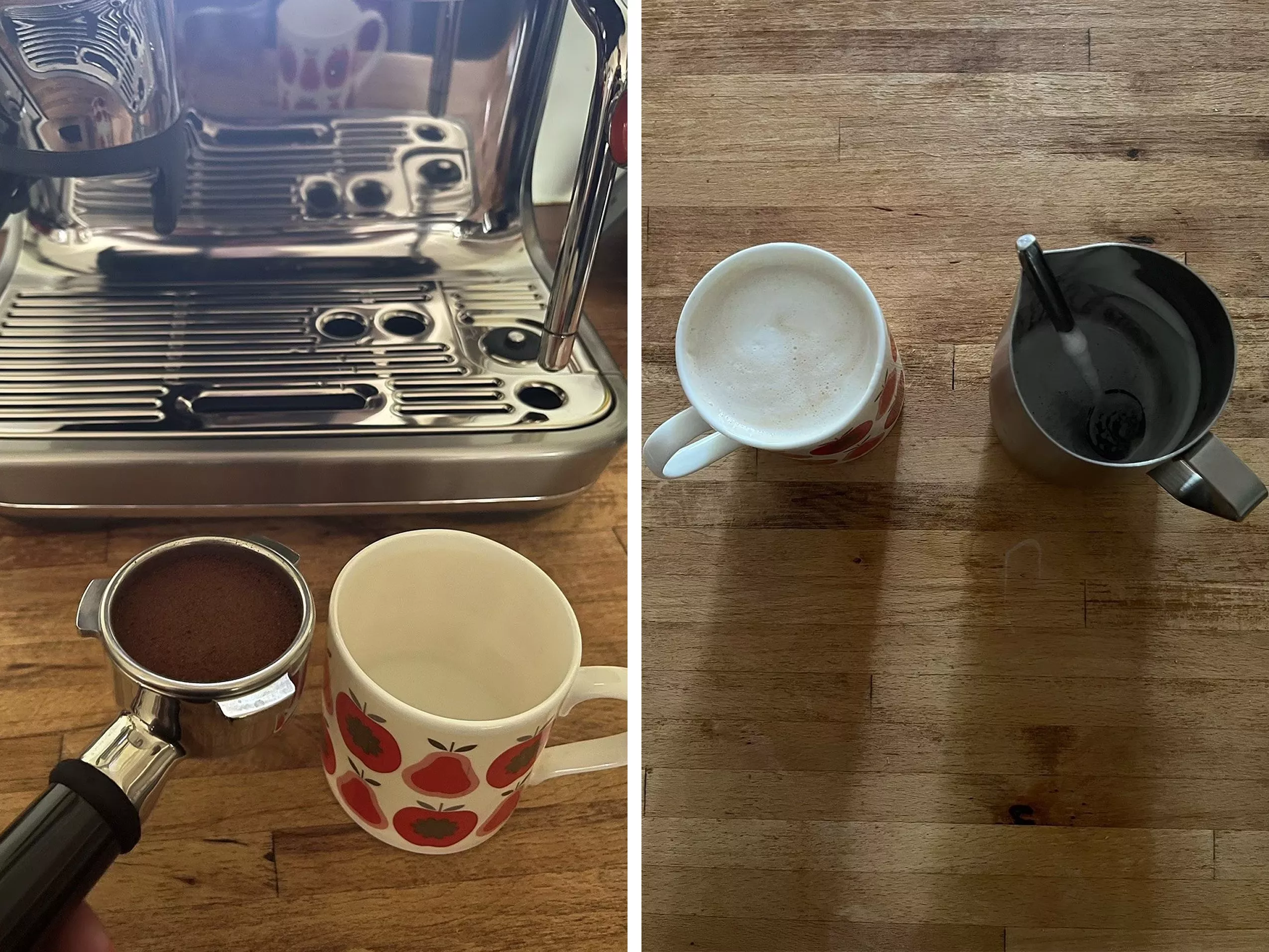 Home espresso setup with portafilter, coffee machine, latte mug and milk frothing jug on wooden worktop