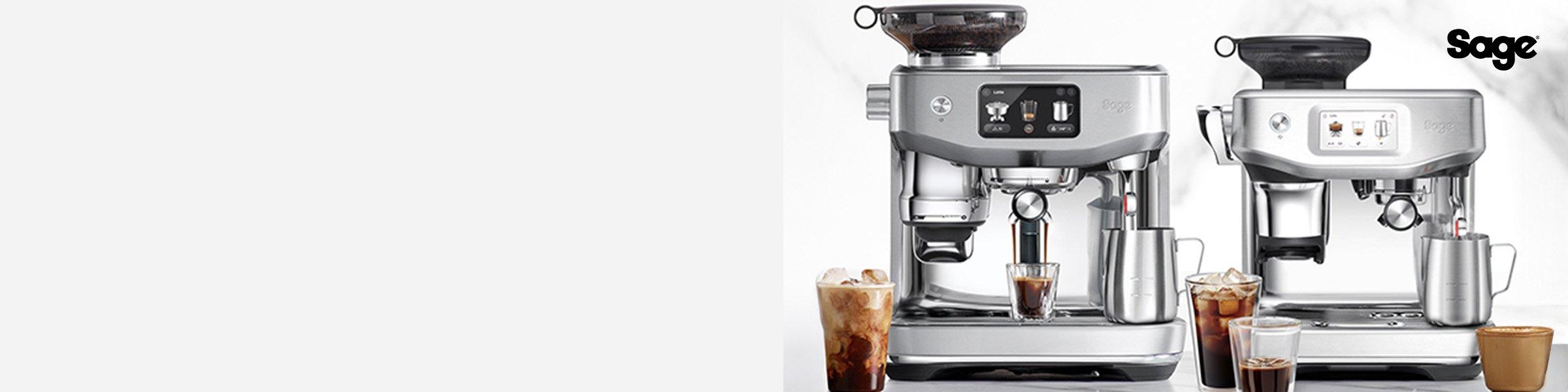 sage coffee machine on table with glass of coffee