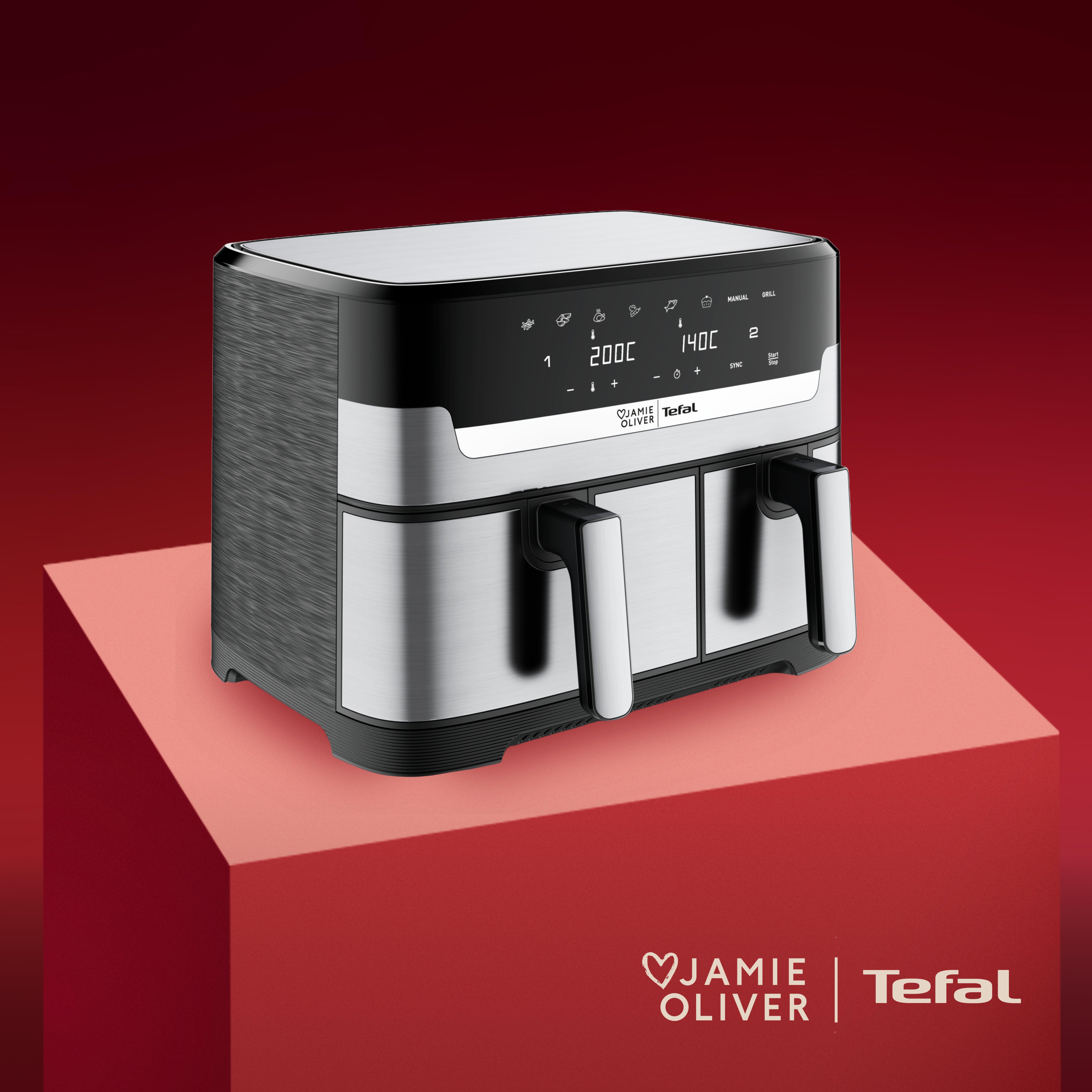 tefal jamie oliver air fryer on a red backbround and plinth