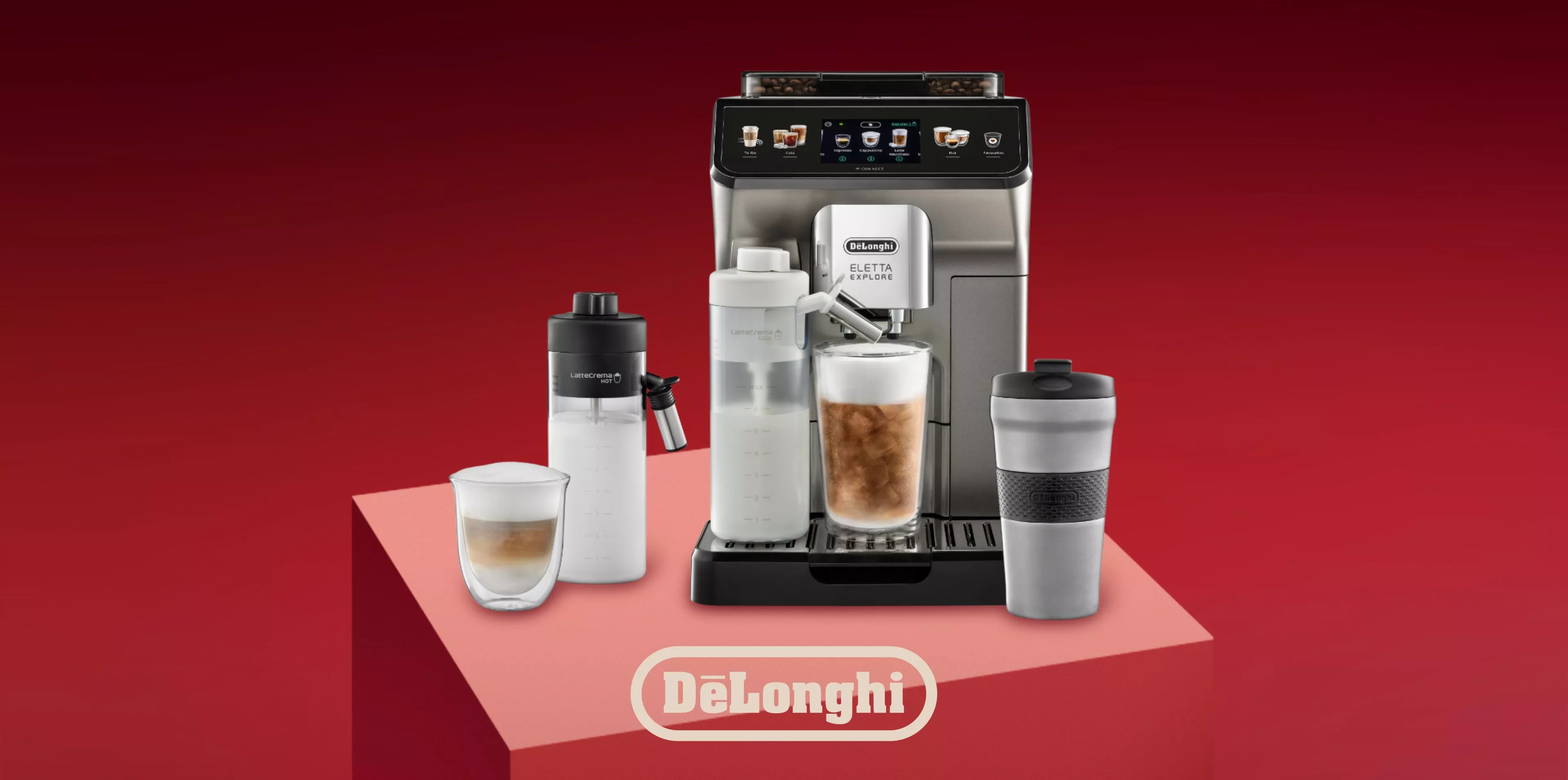 De’Longhi Eletta Explore bean-to-cup coffee machine with milk frother, iced latte glass and travel mug on red backdrop