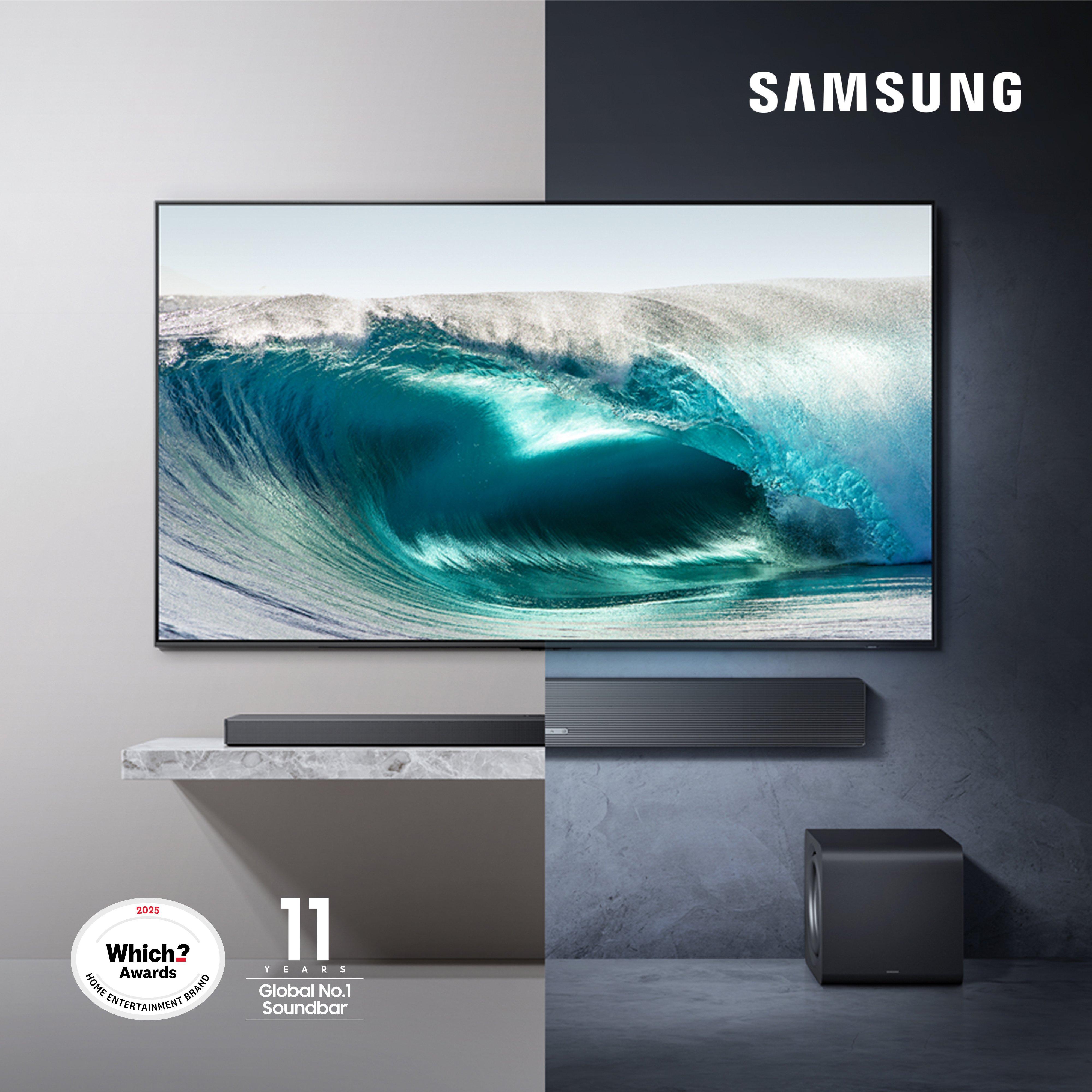 a samsung TVs  and 2 samsung soundbars collaged together