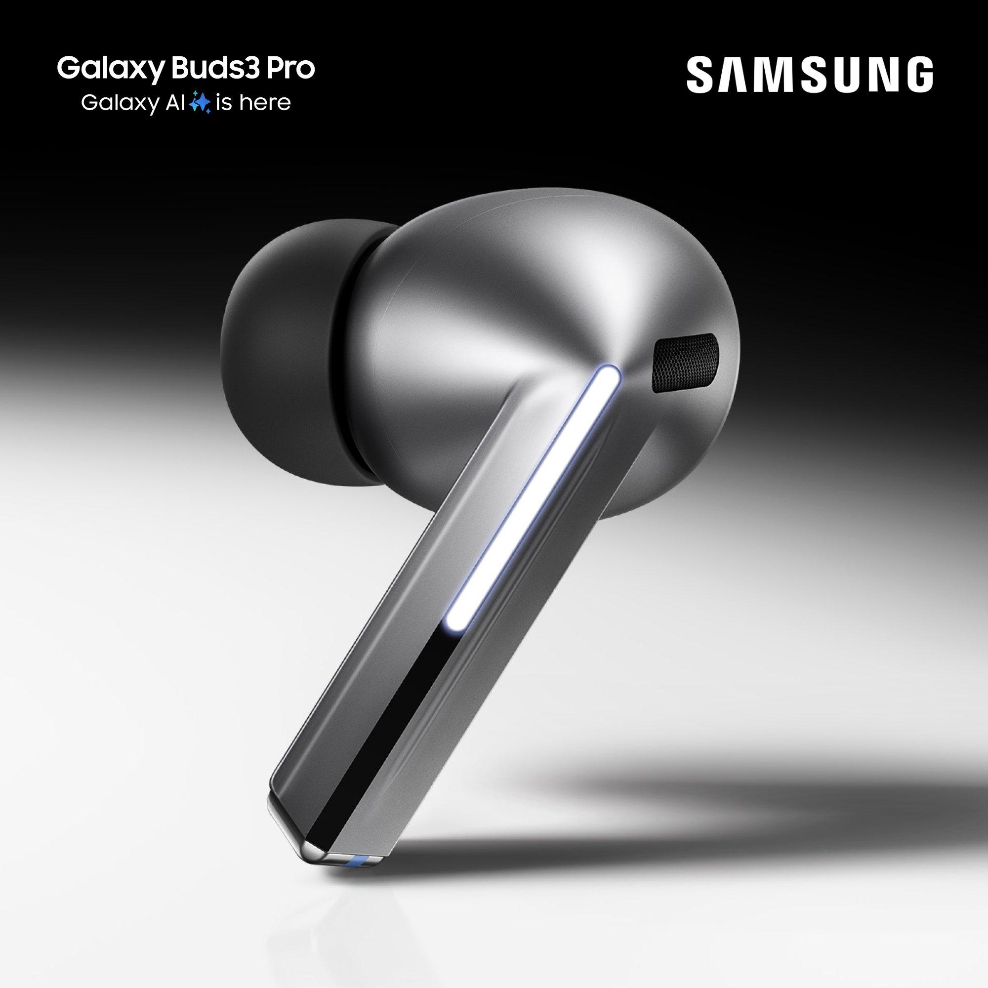 a Samsung Galaxy Buds3 Pro earbud, metallic silver finish in a close-up