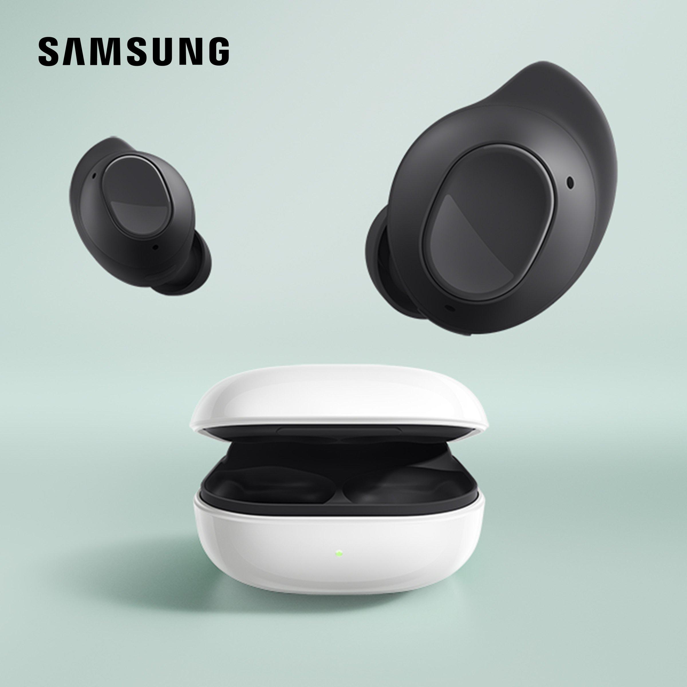 samsung 2 black wireless earbuds floating in air with a white charging case