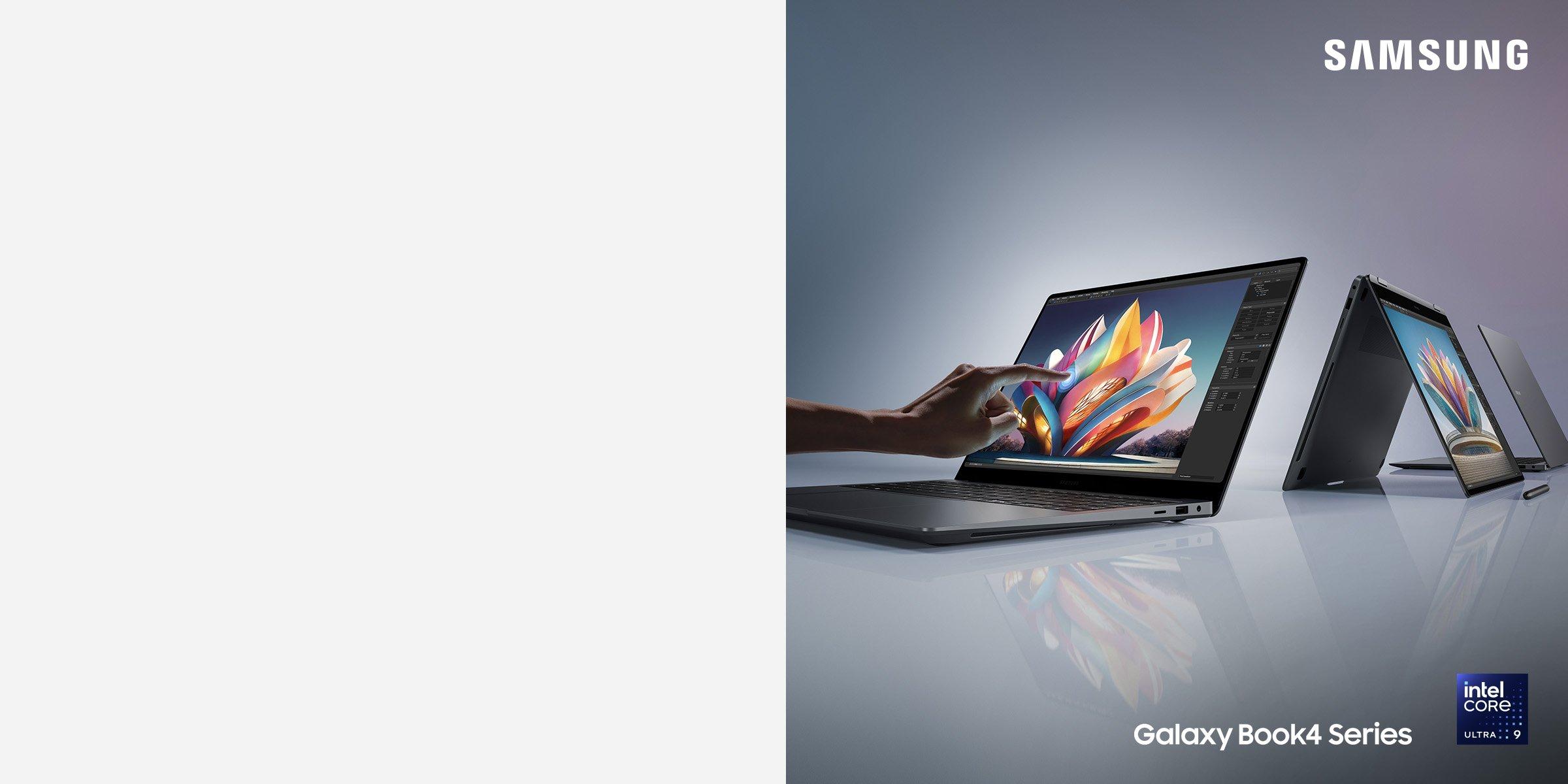 Samsung touchscreen laptops in various modes, showcasing creative design with stylus support.