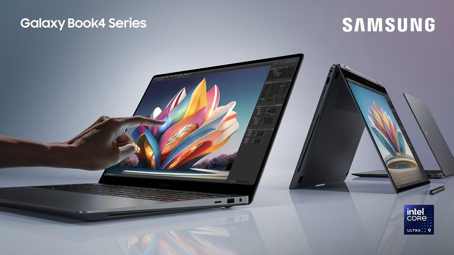 Samsung touchscreen laptops in various modes, showcasing creative design with stylus support.