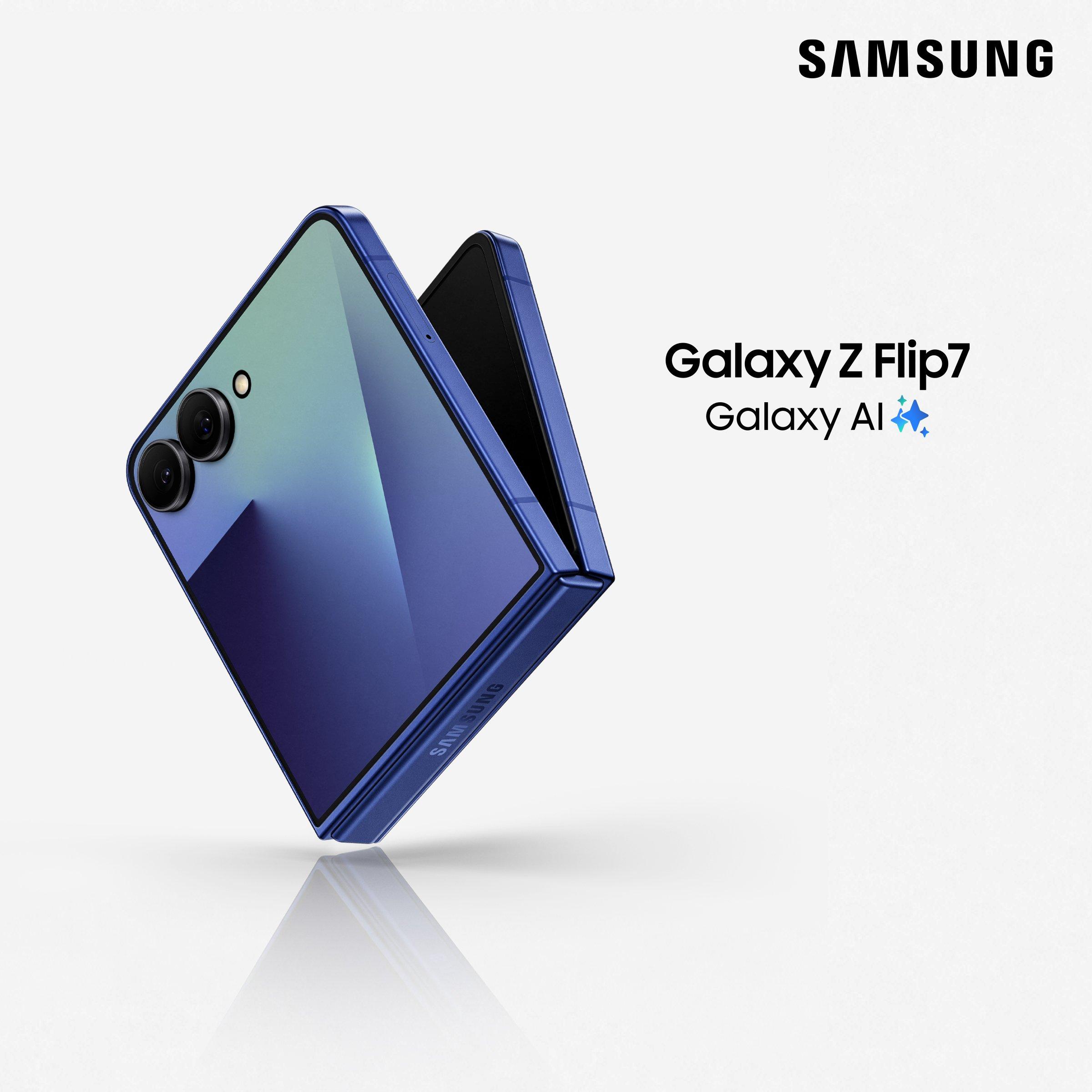 image of a blue flip 7 phone on a grey background