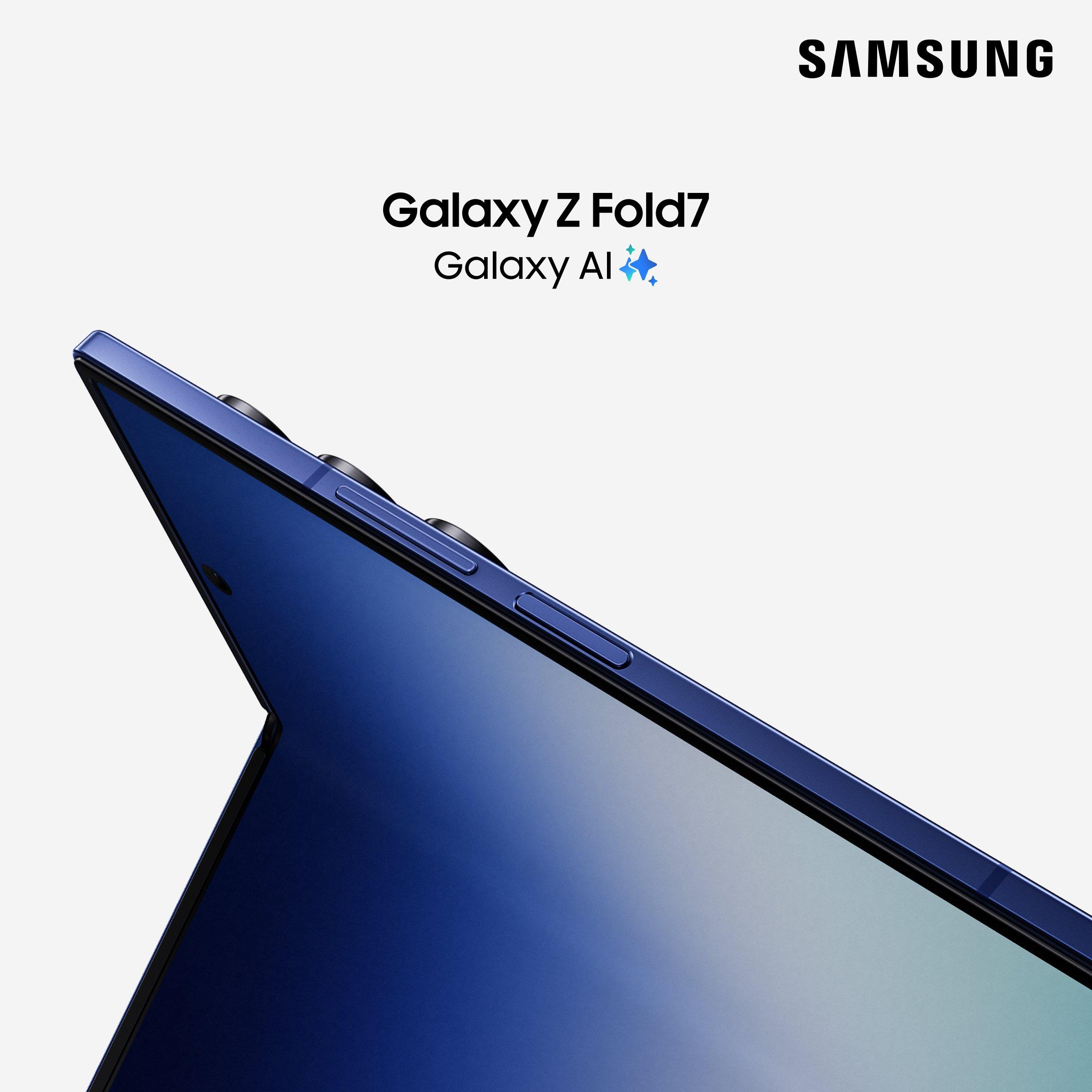 image of a blue samsung fold7 and flip 7 phone on a grey background