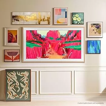 Large flat-screen smart TV in a modern living room, displaying vivid blue and purple abstract landscape art