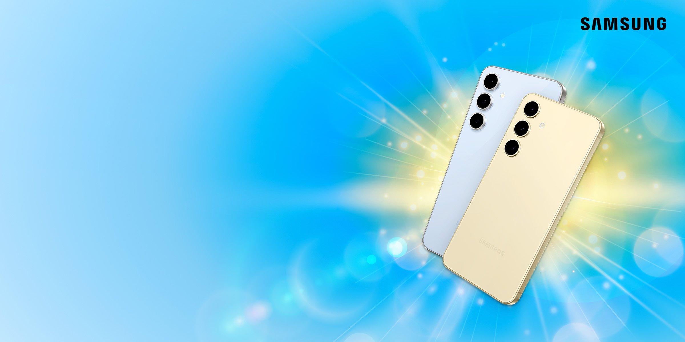 Two Samsung smartphones with triple camera setups on a vibrant blue background with light effects.  Copy