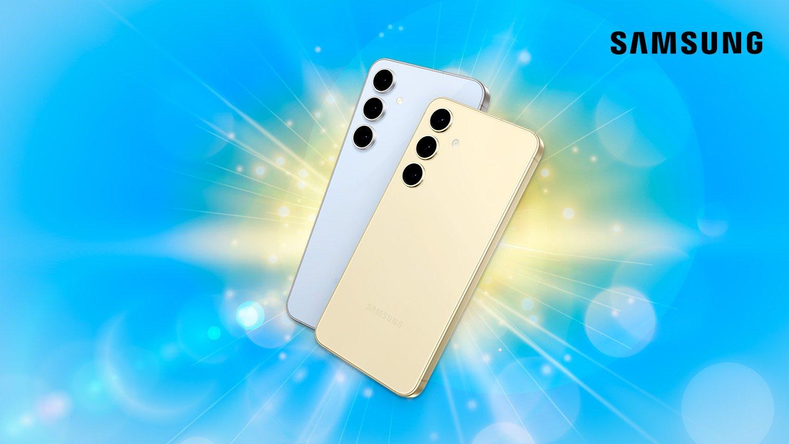 Two Samsung smartphones with triple camera setups on a vibrant blue background with light effects.  Copy