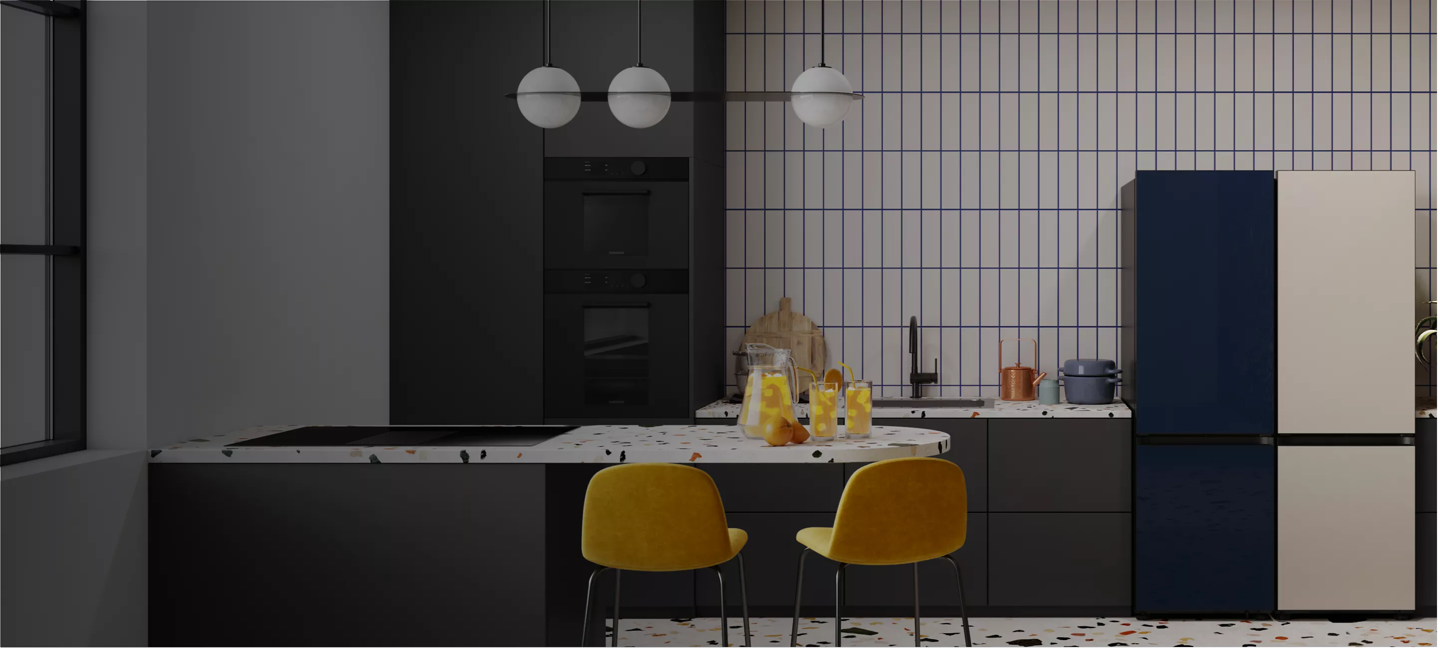 kitchen with two samsung fridge freezers