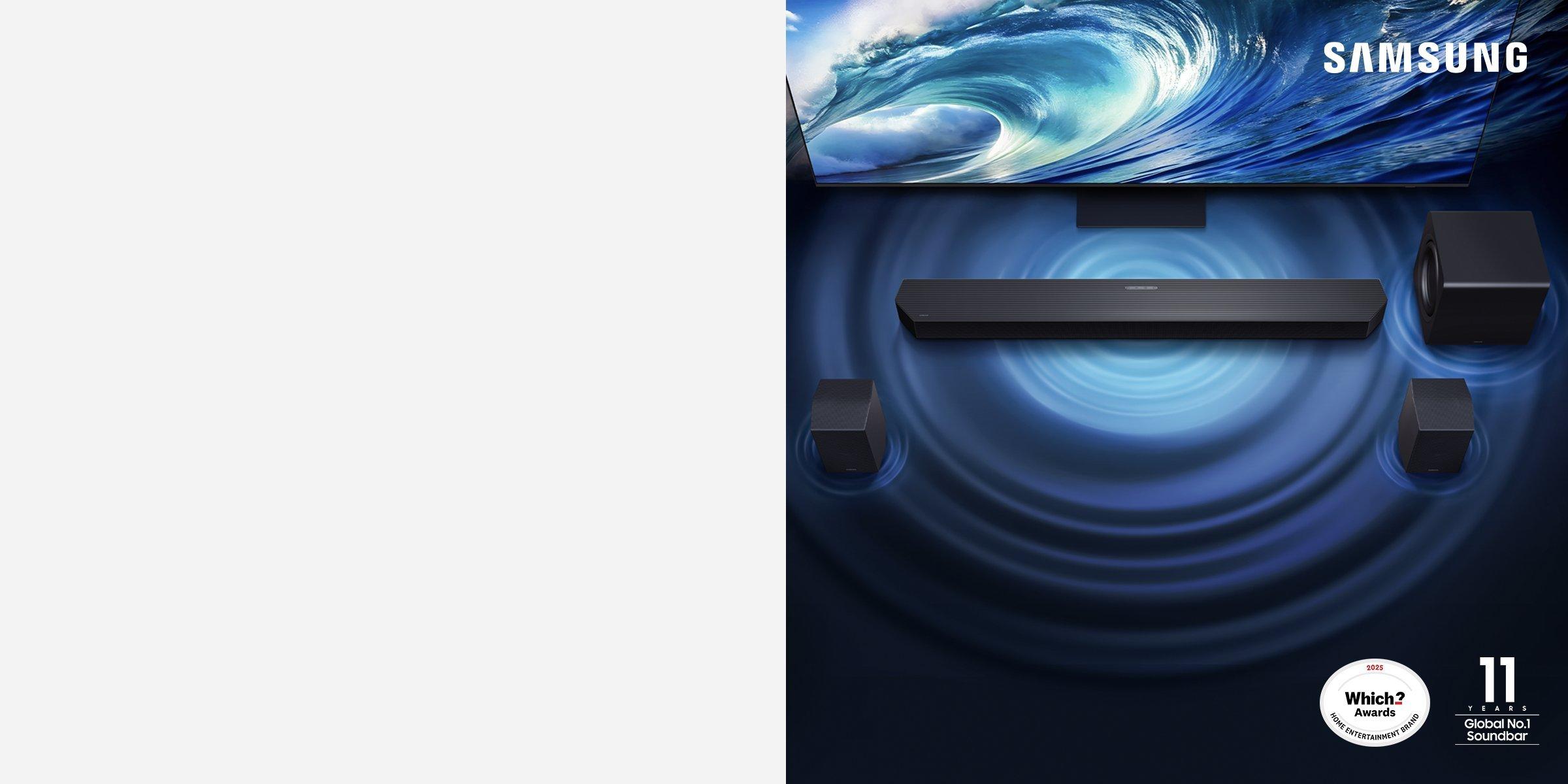 Samsung TV with immersive surround sound system, including a soundbar, subwoofer, and satellite speakers.