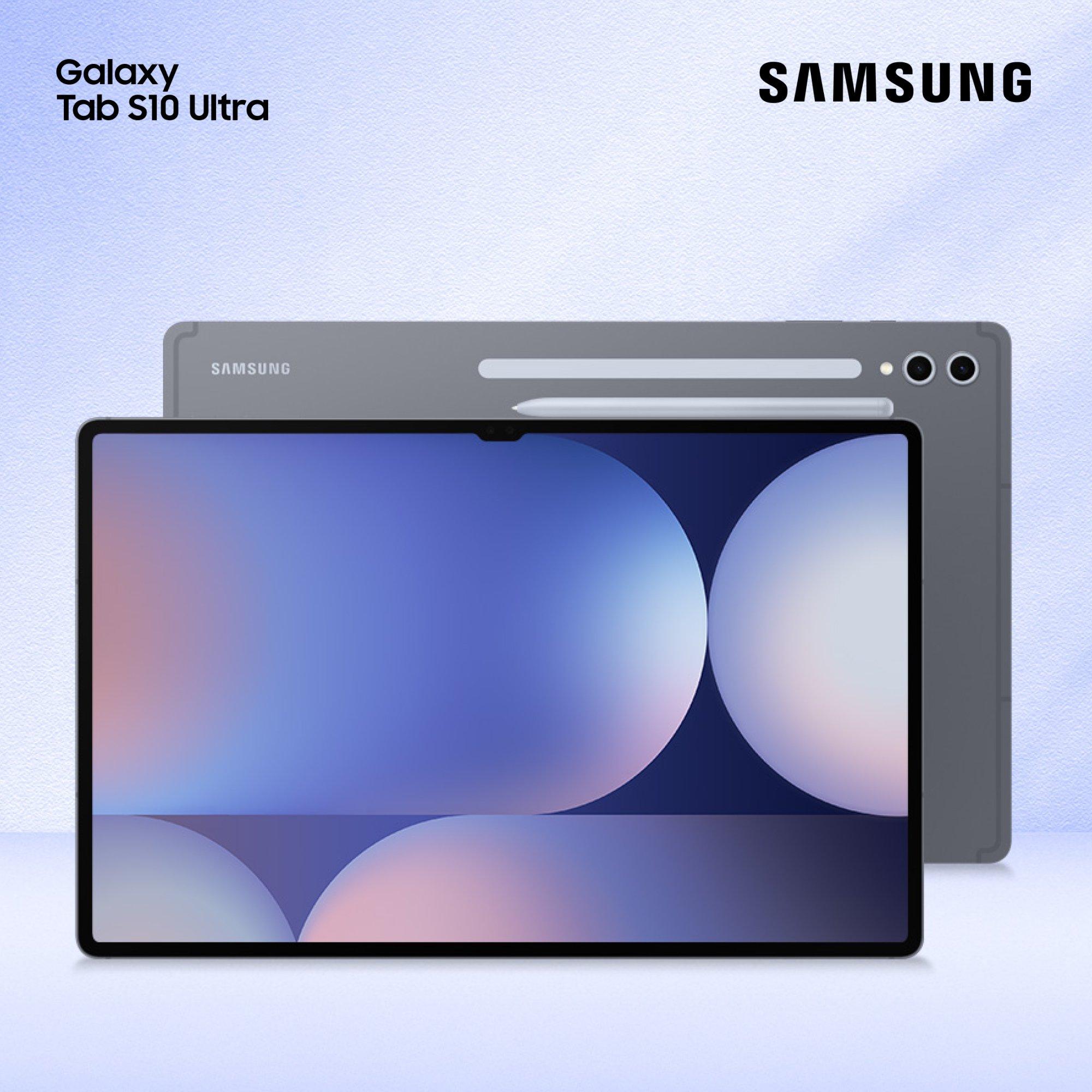 front of the samsung galaxy tab S10 ultra, the screen features a soft gradient abstract wallpaper in hues of blue, purple, and light pink