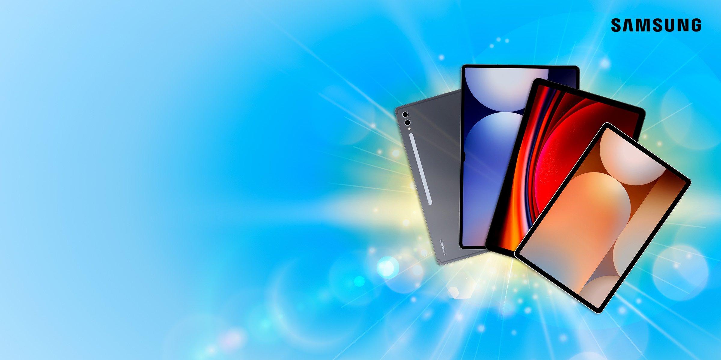 Three Samsung tablets with colorful screens on a bright blue background, with the Samsung logo in the top right corner.