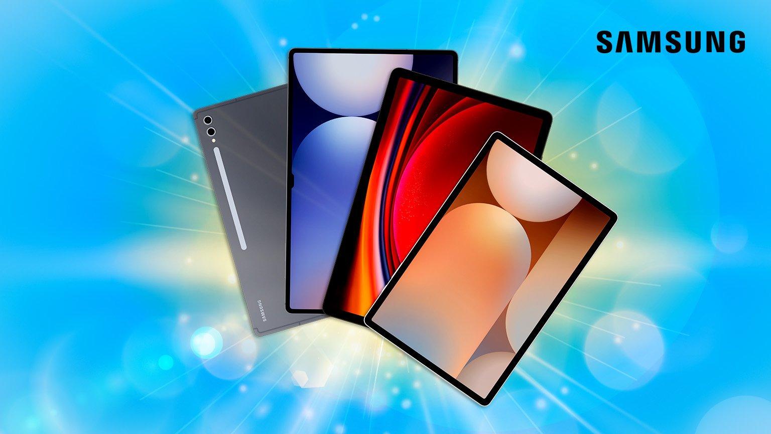 Two Samsung smartphones with triple camera setups on a vibrant blue background with light effects.  Copy