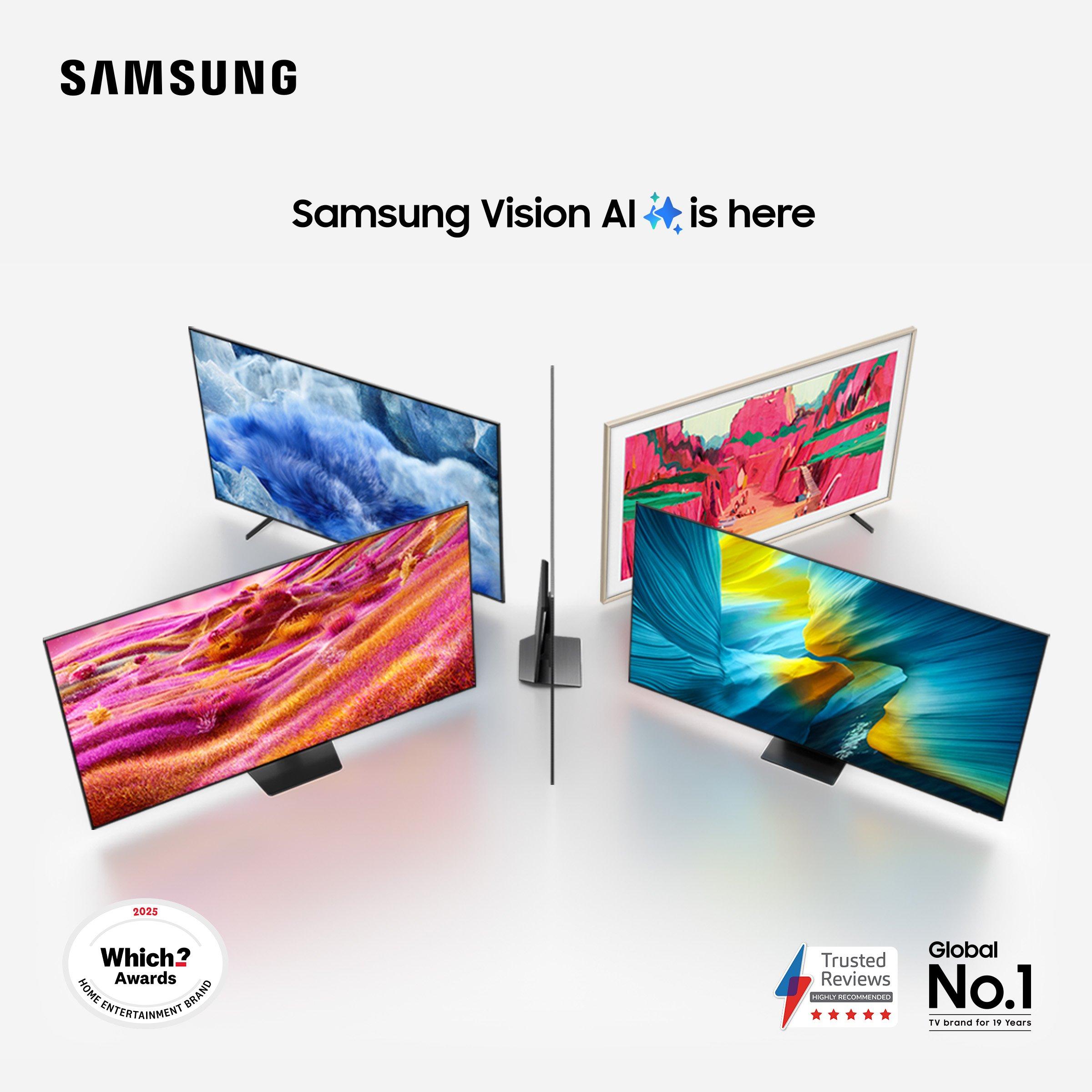 Four Samsung oled TVs displaying colorful abstract images