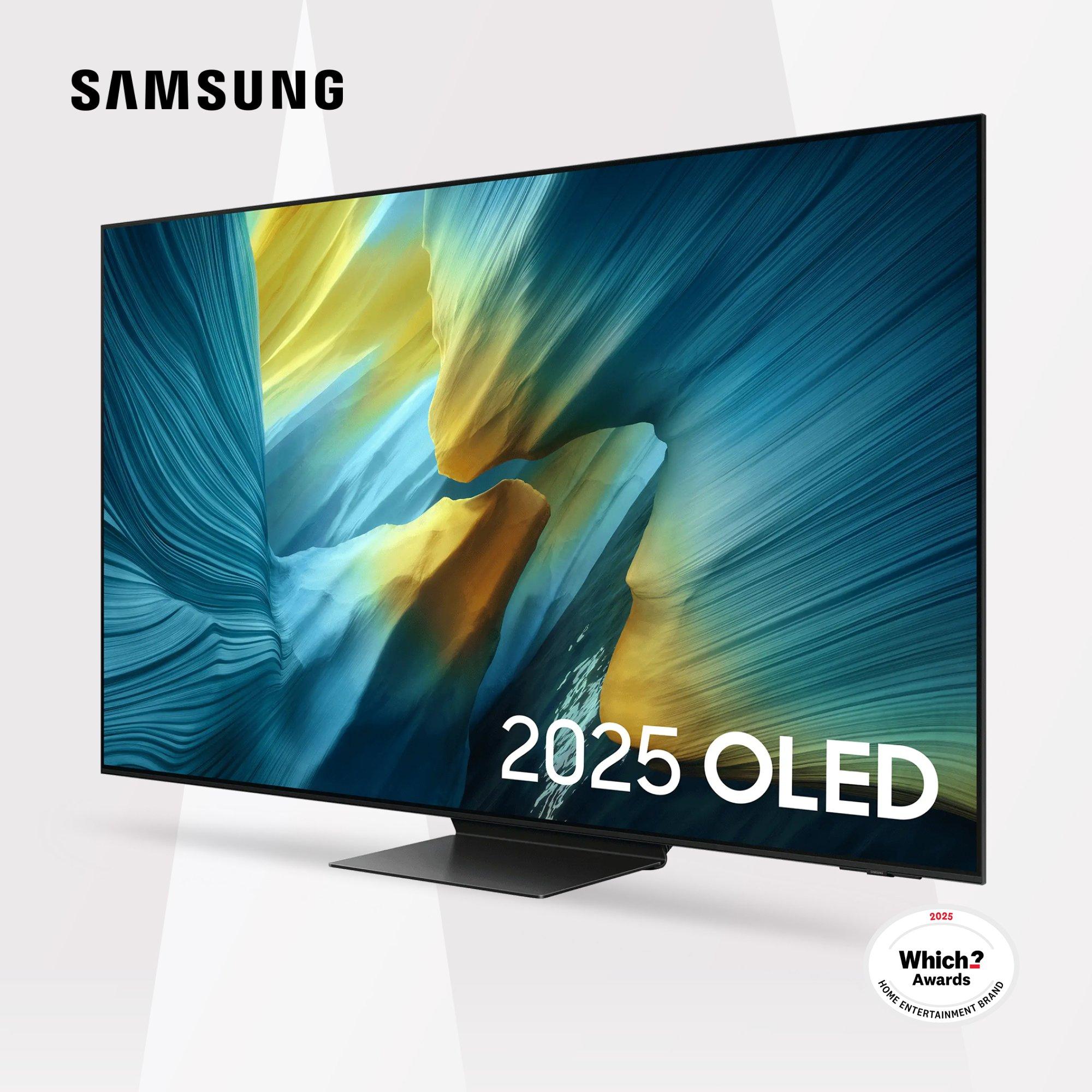 Samsung 2025 OLED TV with vibrant abstract display