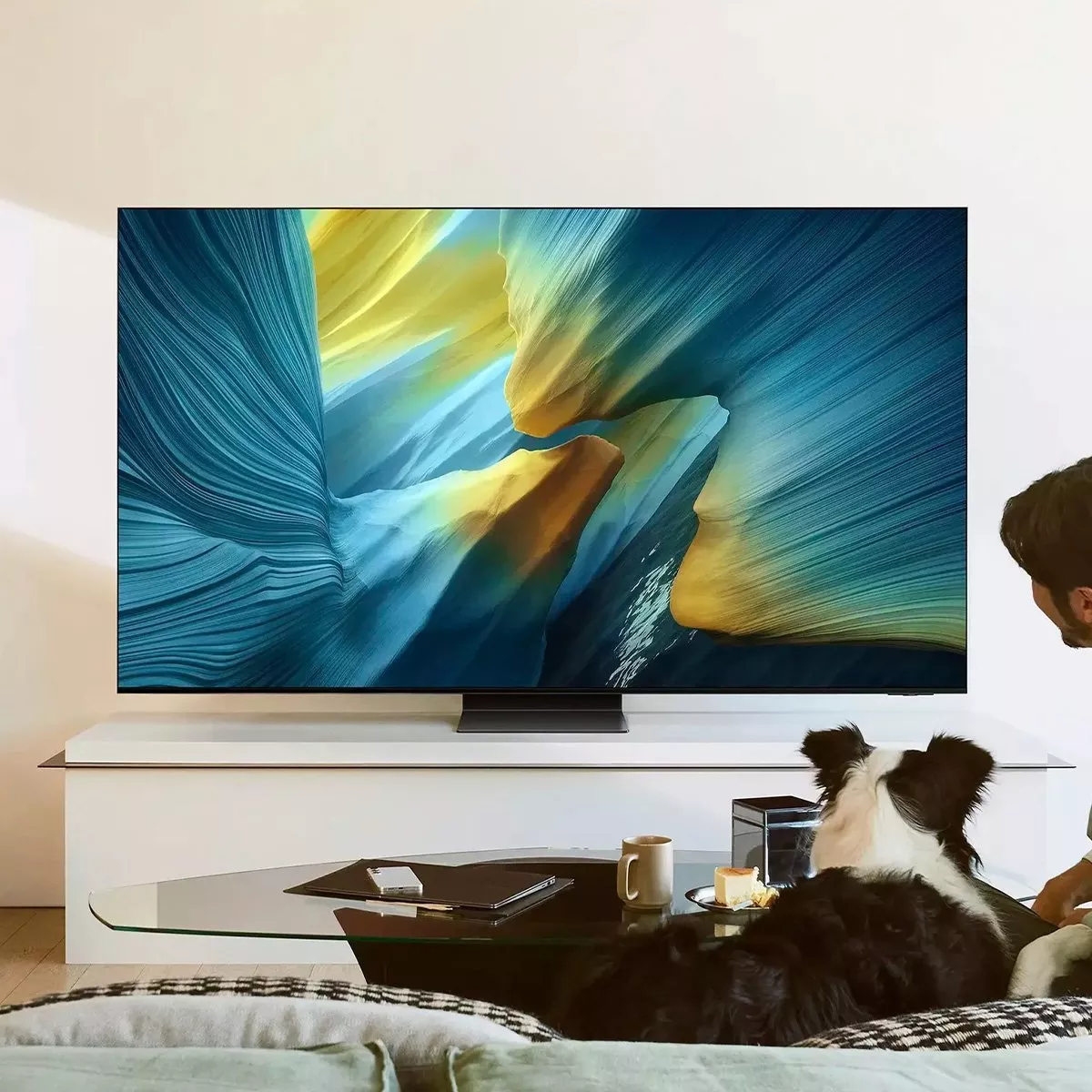 TV with mountain scene on the screen