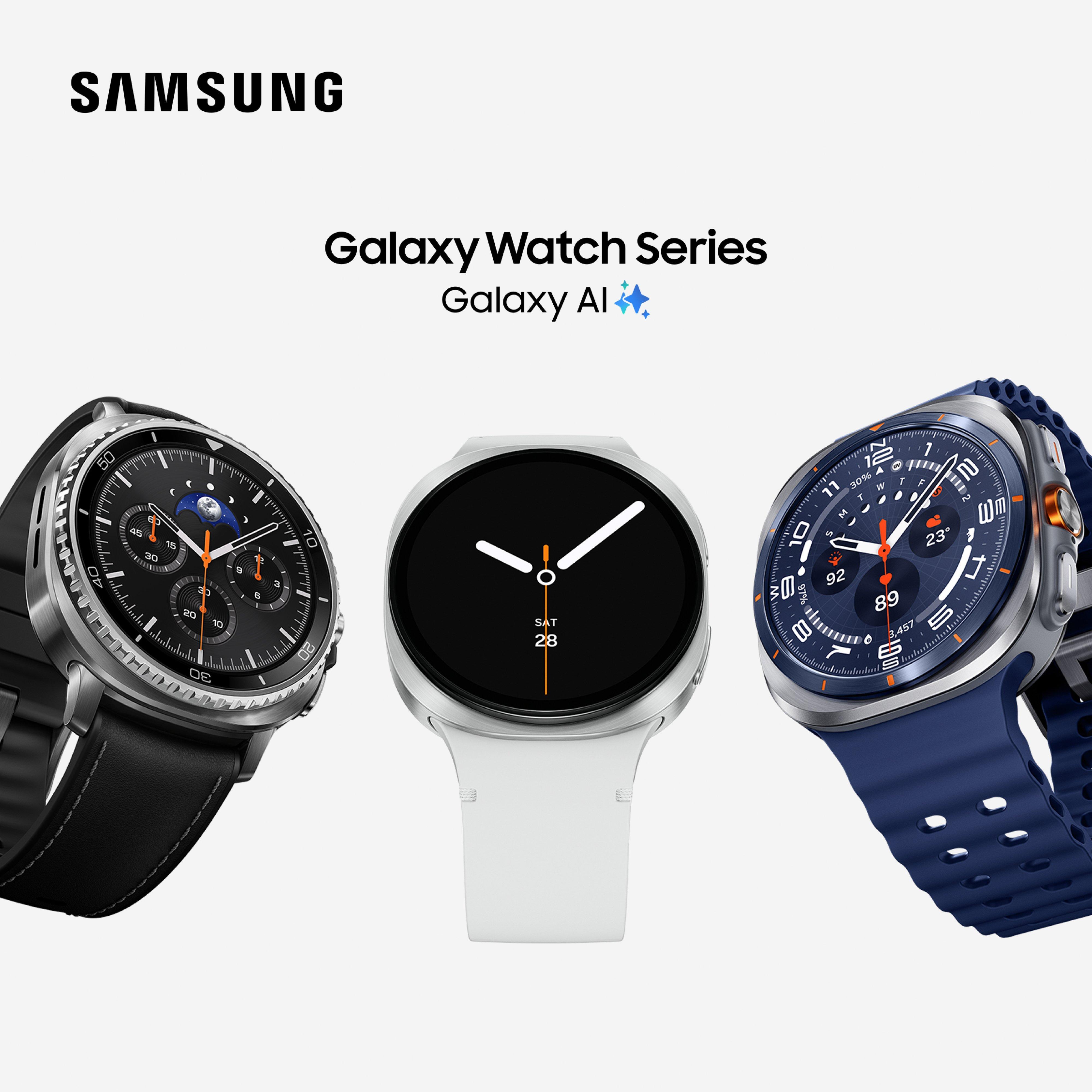 different styles of samsung smartwatches on a light grey backgorund