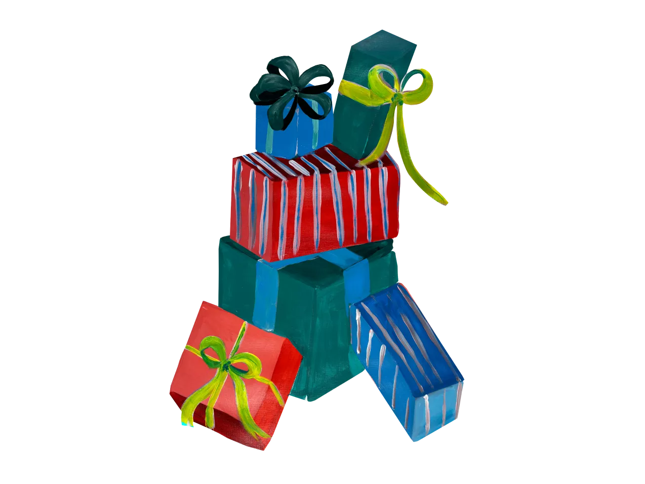 Stack of colourful wrapped gift boxes with bows, painted illustration