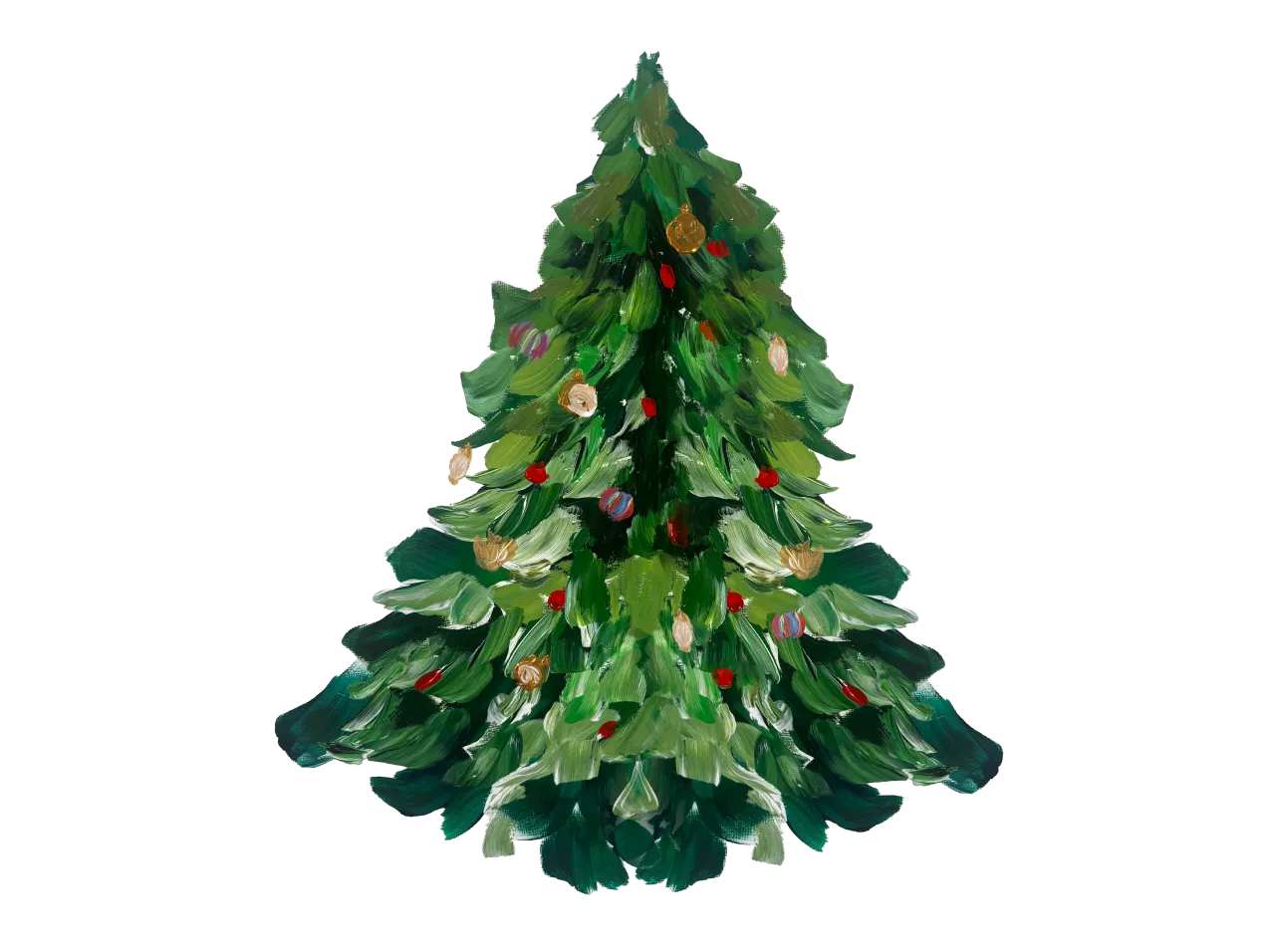 Hand-painted Christmas tree illustration with green brushstrokes, baubles and berries