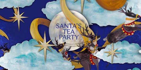 Santa’s Tea Party festive illustration with reindeer sleigh, stars and clouds on a midnight blue sky background