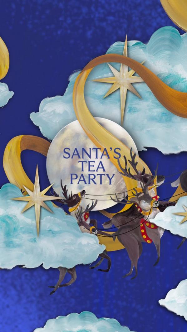 Santa’s Tea Party festive illustration with reindeer sleigh, stars and clouds on a midnight blue sky background