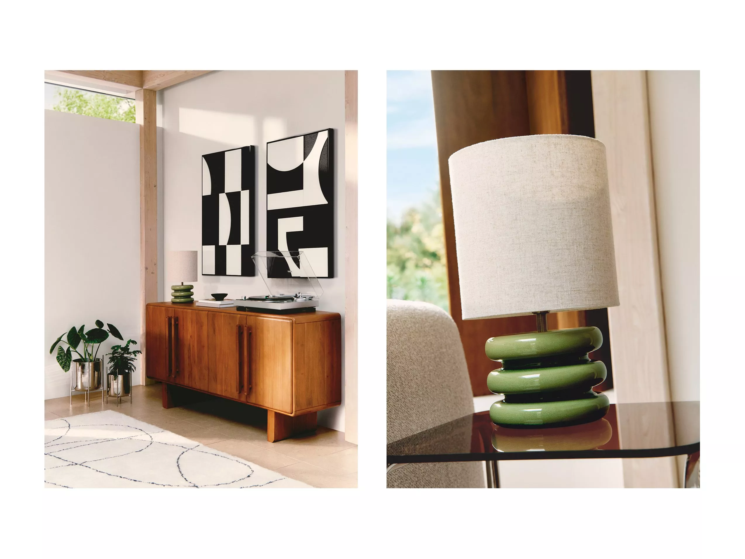 Modern interior with a wooden sideboard, abstract artwork, and a green ceramic lamp on a glass table.