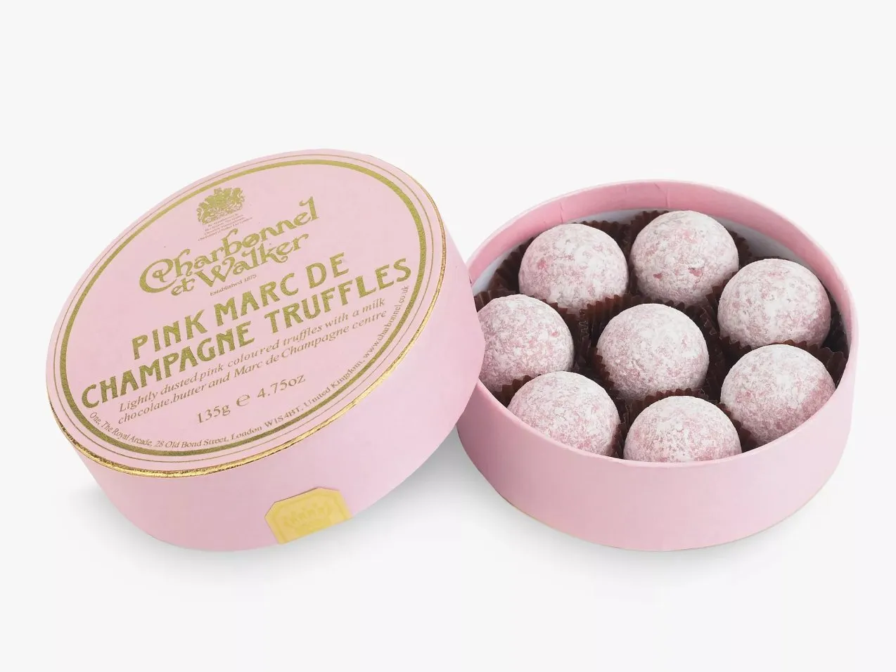 Charbonnel et Walker Pink Marc de Champagne truffles in pink gift box, open tin showing dusted chocolates