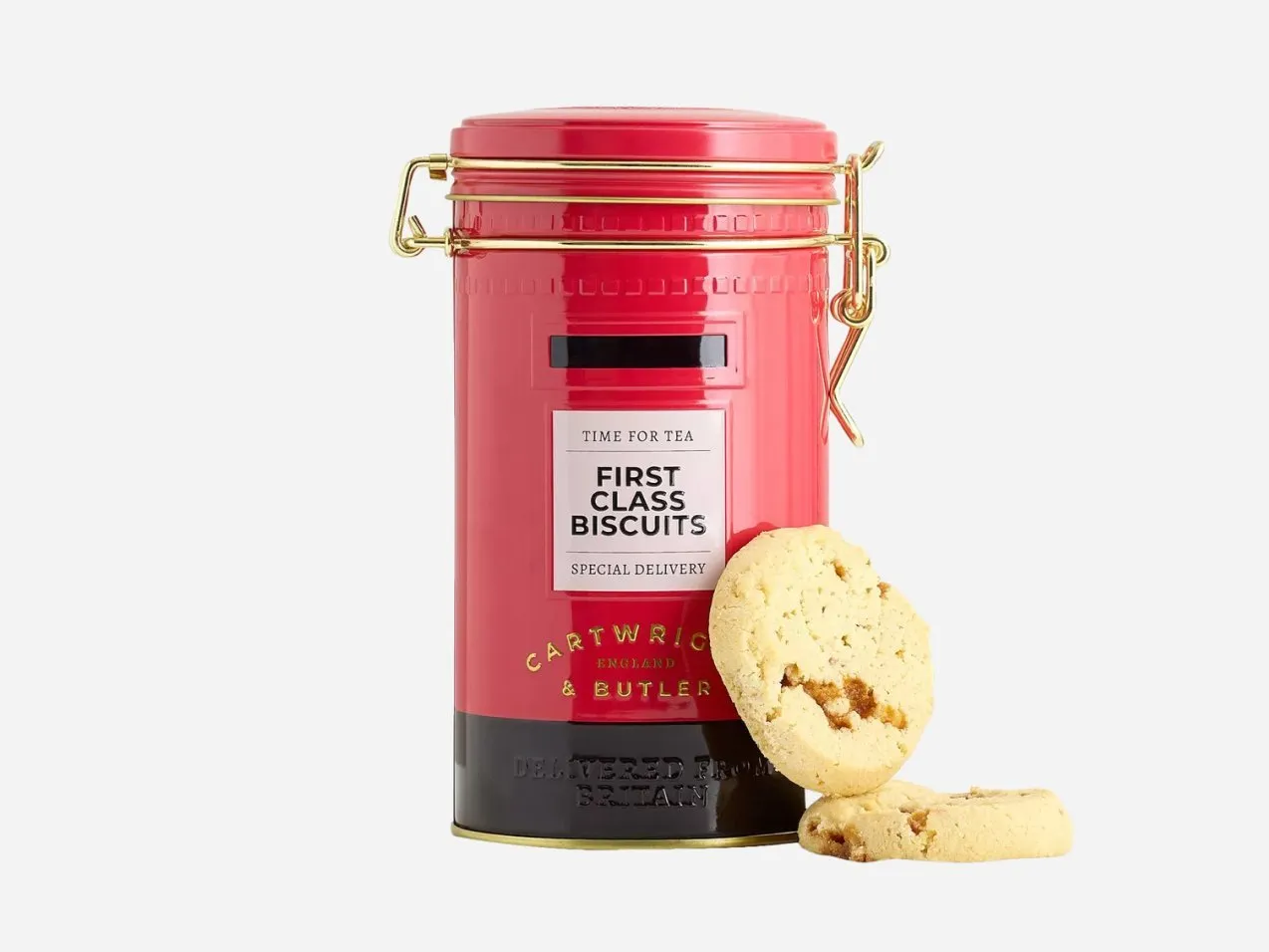 Red Cartwright & Butler biscuit tin with two shortbread biscuits, Time for Tea First Class Biscuits label