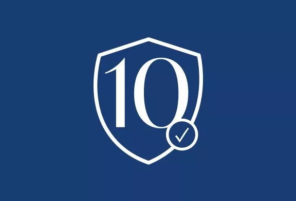 The number ten in a shield on a blue background
