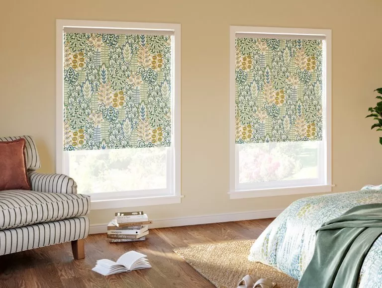 Bedroom with floral window blinds