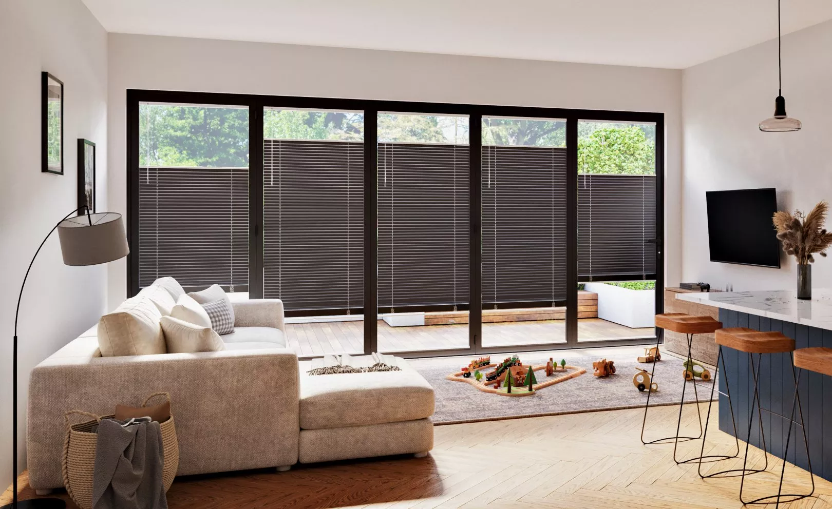 Living area with blinds on patio windows