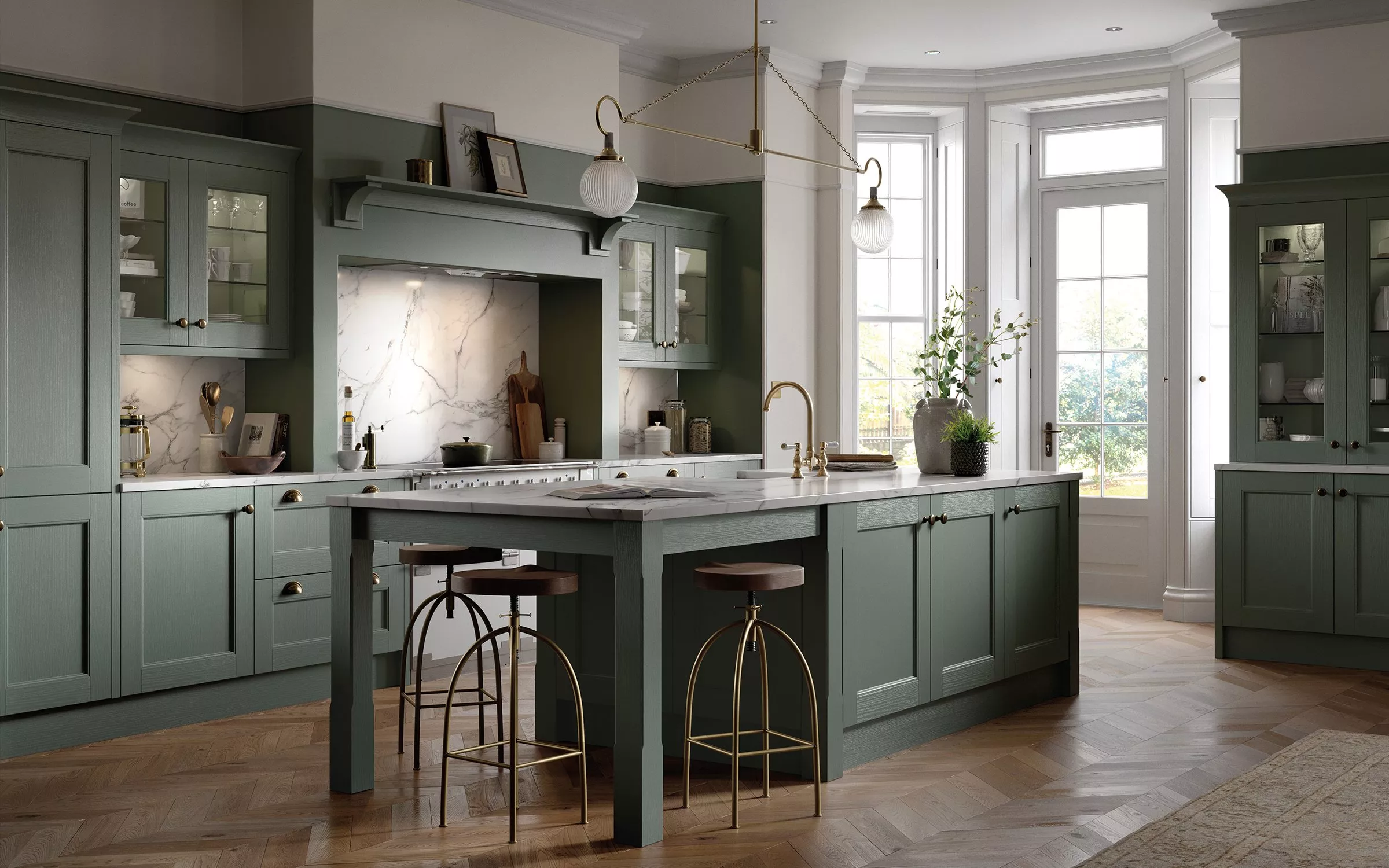 Kitchen setting with wooden and sage green features 