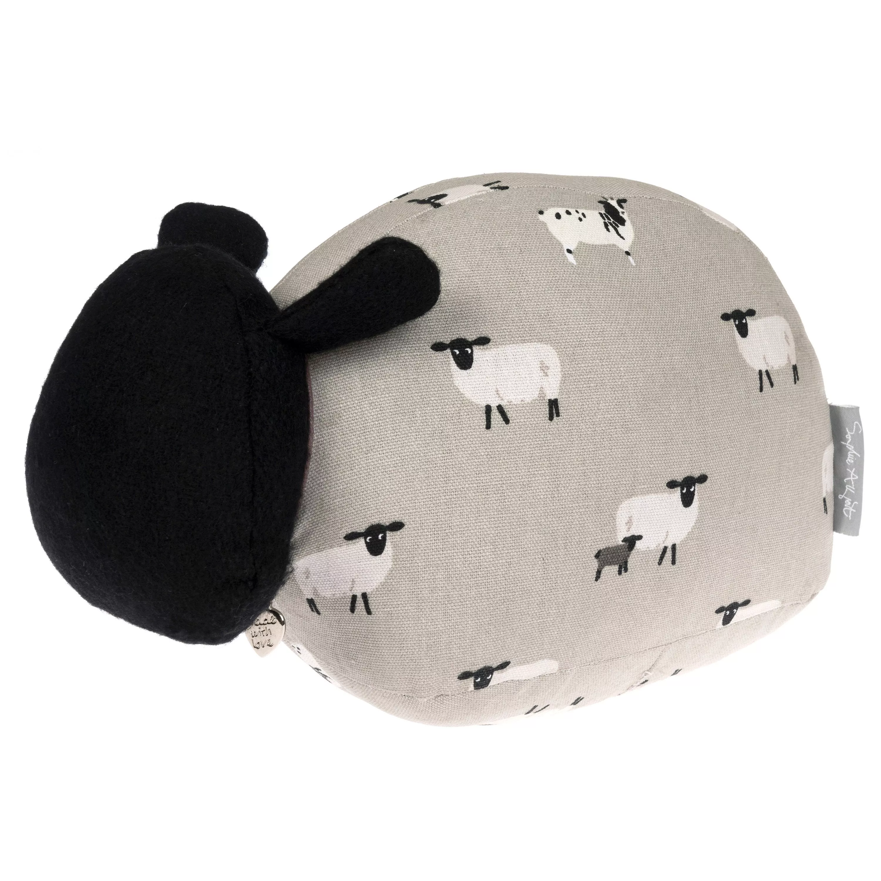 Grey sheep-print baby cushion with black plush sheep head, soft nursery décor pillow for infants