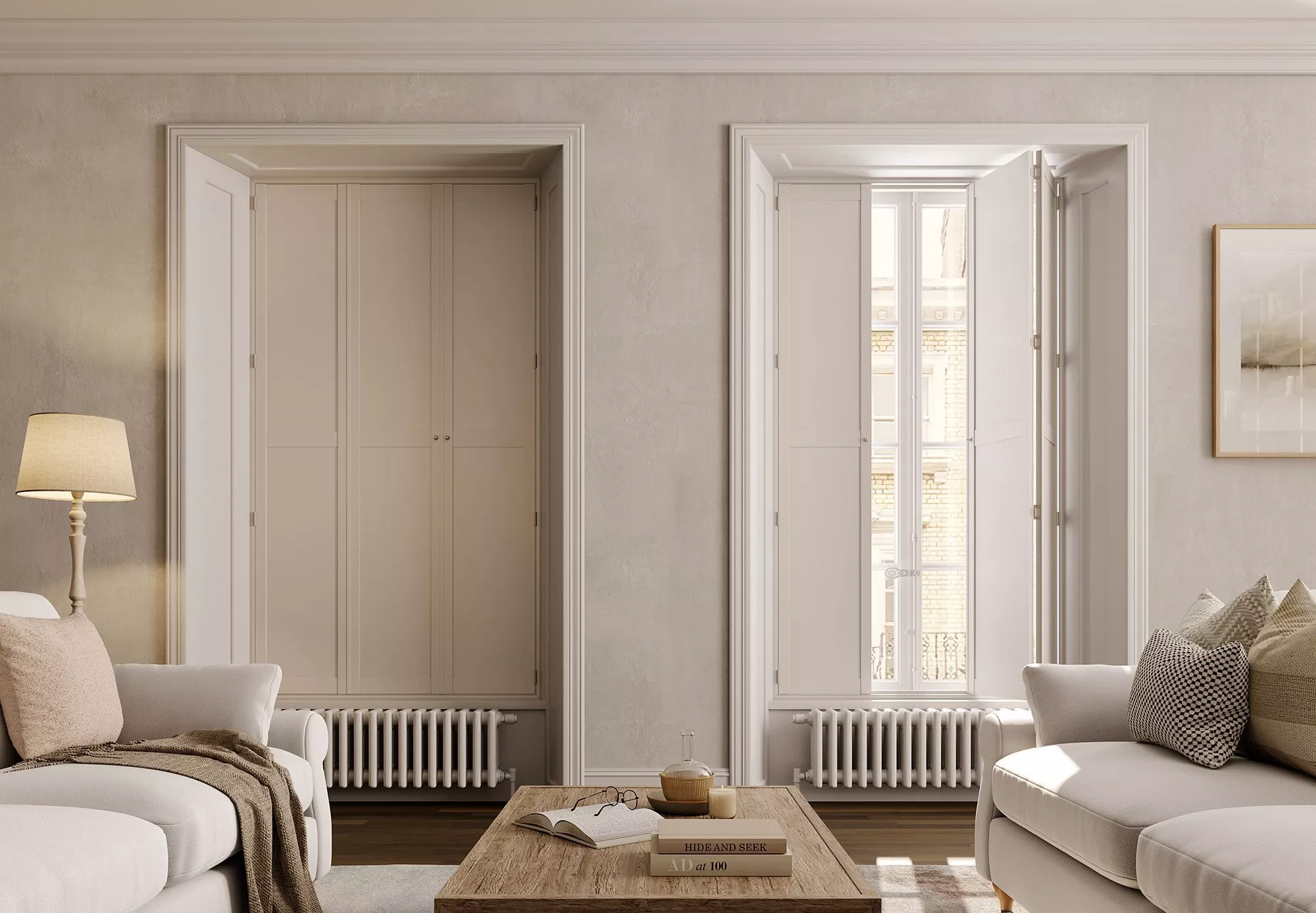 Living room with solid shutters on the windows