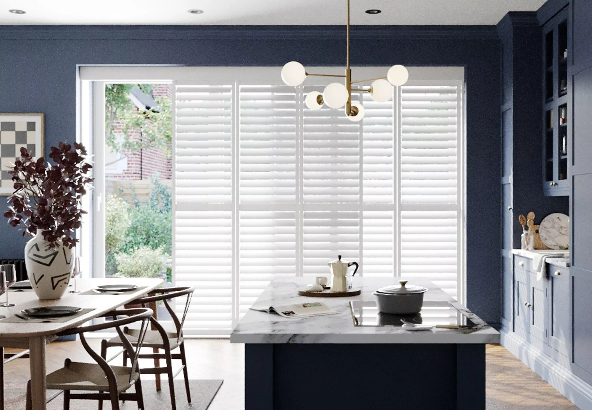 Kitchen with tracked shutters on floor to ceiling windows
