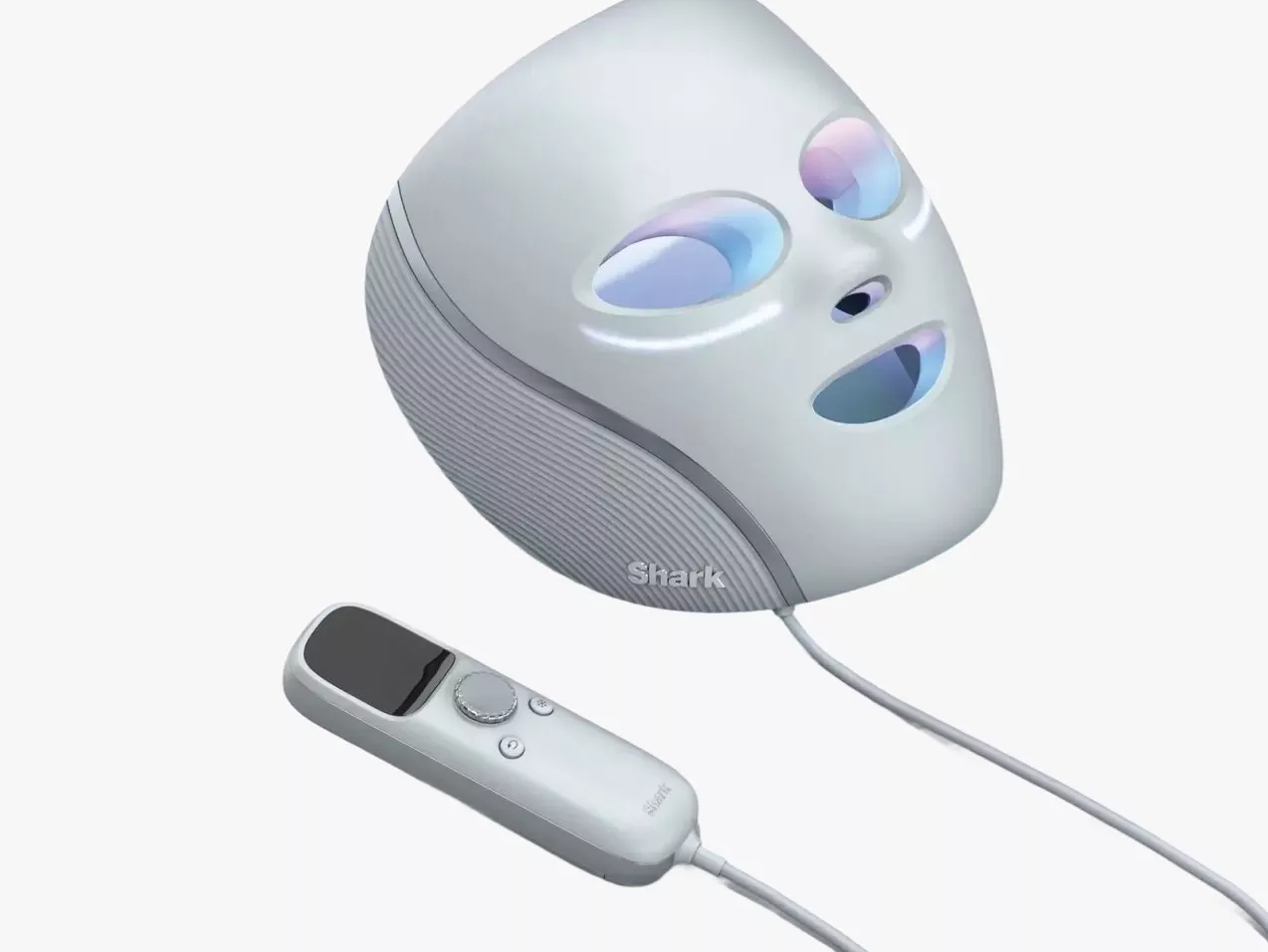 Futuristic white LED face mask with cut-outs for eyes, nose, and mouth, connected to a sleek handheld remote.