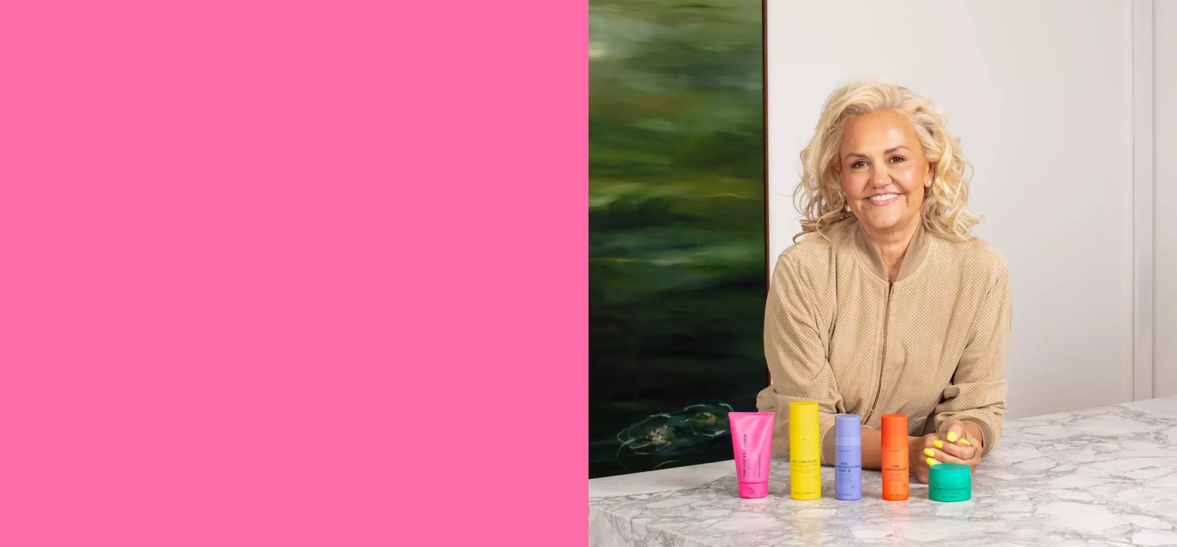 A colourful assortment of skincare products arranged on a white background, featuring various bottles and jars.