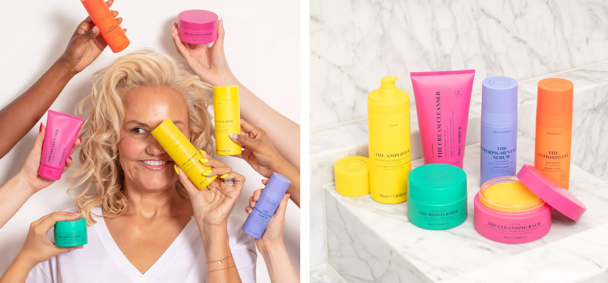 A woman is surrounded by vibrant skincare products held by hands. More products are displayed on marble.