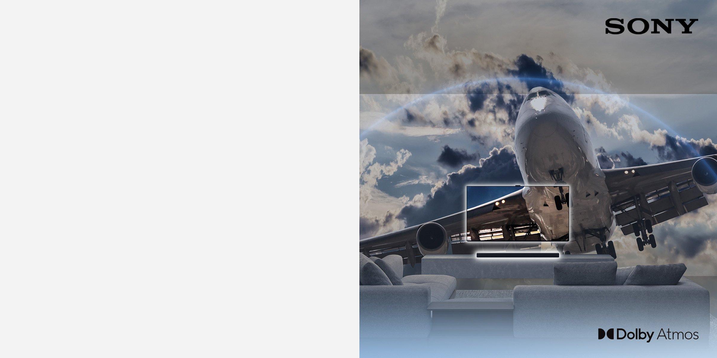 Sony audio-visual technology television, background a airplane is flying directly toward the viewer