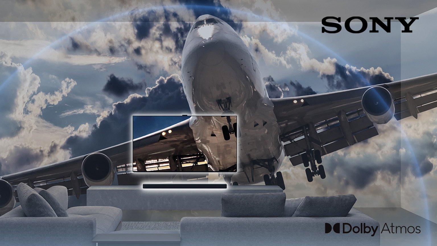 Sony audio-visual technology television, background a airplane is flying directly toward the viewer