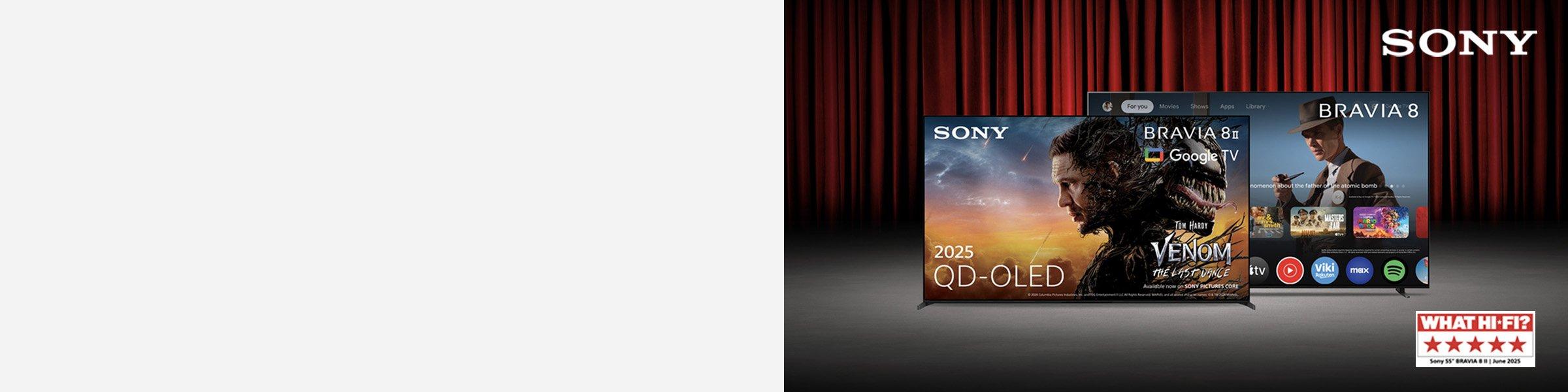 Two Sony BRAVIA 8 TVs are displayed in front of red curtains—one showcasing 