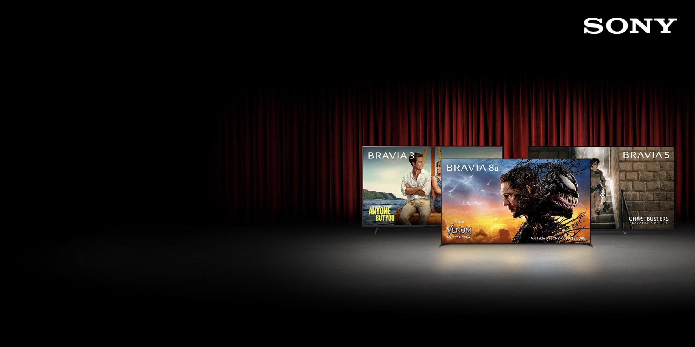 bravia tvs lineup on red theater curtain backdrop emphasizing a home theater experience