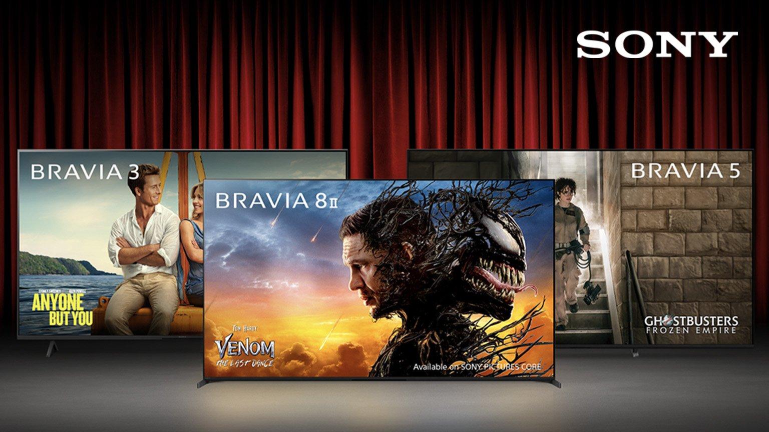 bravia tvs lineup on red theater curtain backdrop emphasizing a home theater experience
