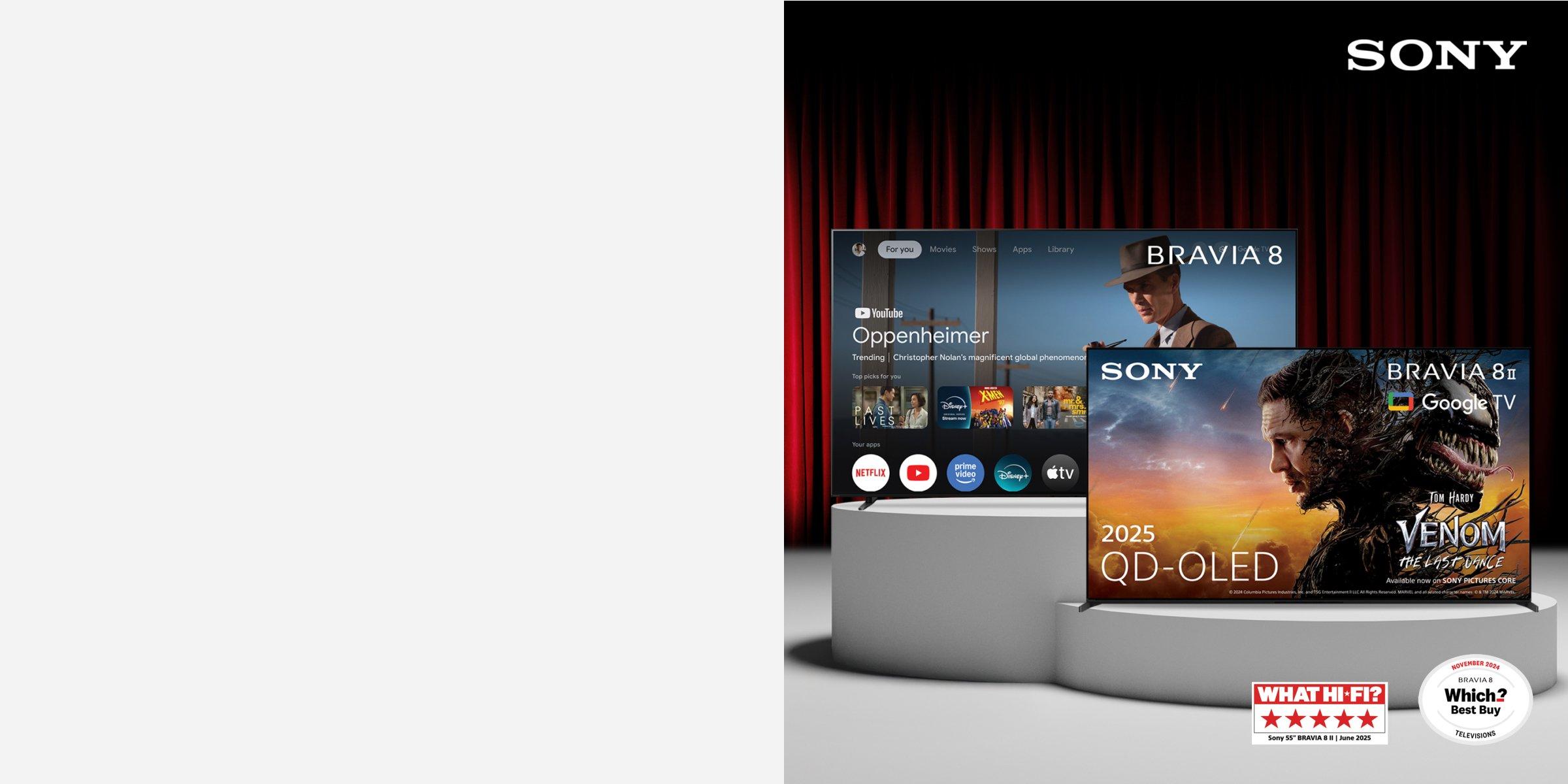 Sony BRAVIA televisions on display Left TV: BRAVIA 8 & Right TV: BRAVIA 8 II (2025 QD-OLED)