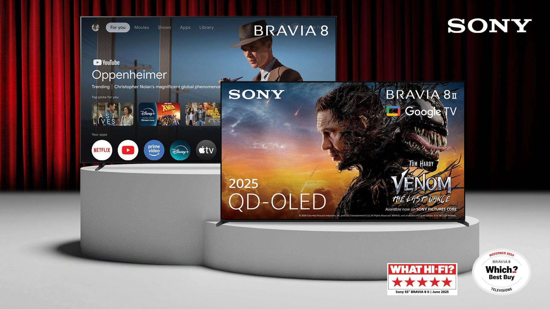 Sony BRAVIA televisions on display Left TV: BRAVIA 8 & Right TV: BRAVIA 8 II (2025 QD-OLED)